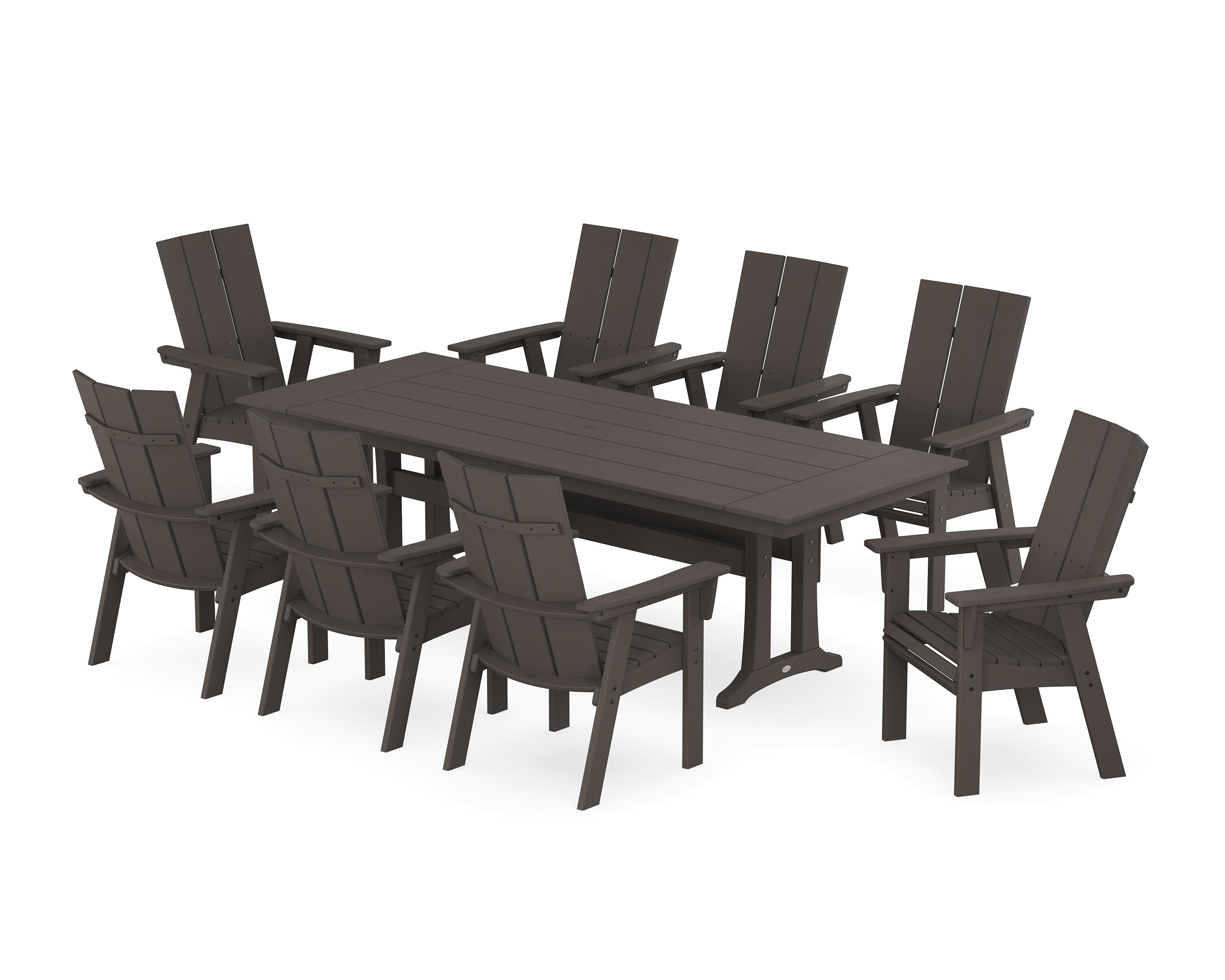 Modern Curveback Adirondack 9-Piece Farmhouse Dining Set with Trestle Legs in Vintage Coffee