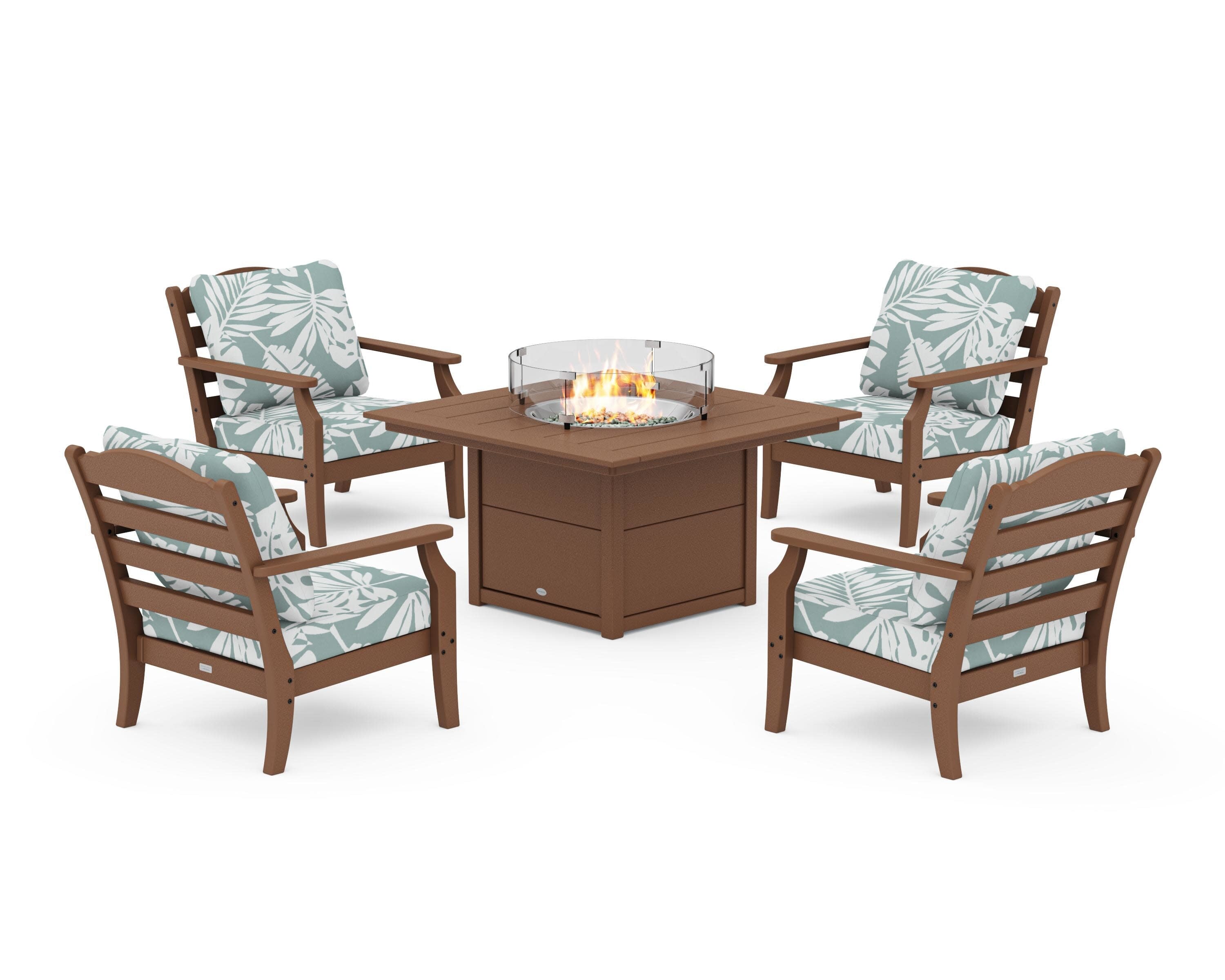 Savannah 5-Piece Deep Seating Set with Fire Pit Table in Teak / Leaf Glacier Spa
