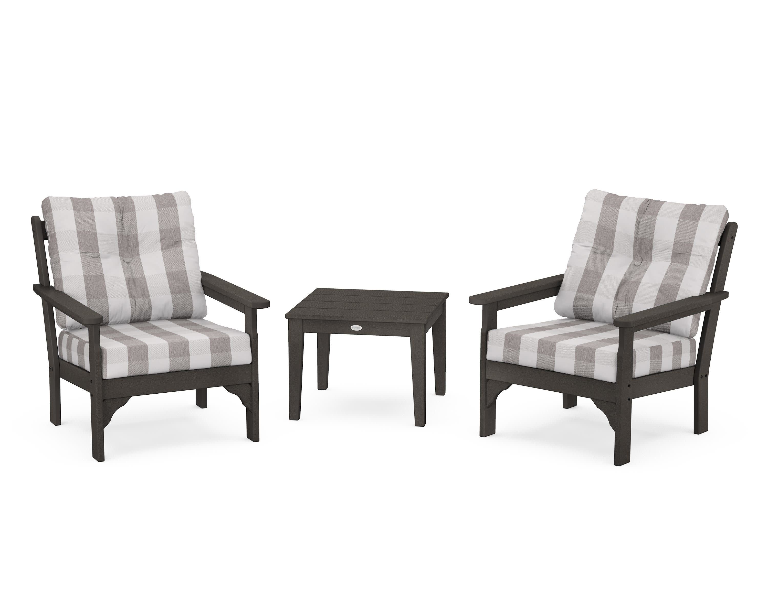 Vineyard 3-Piece Deep Seating Set in Vintage Coffee / Buffalo Plaid Grey Mist