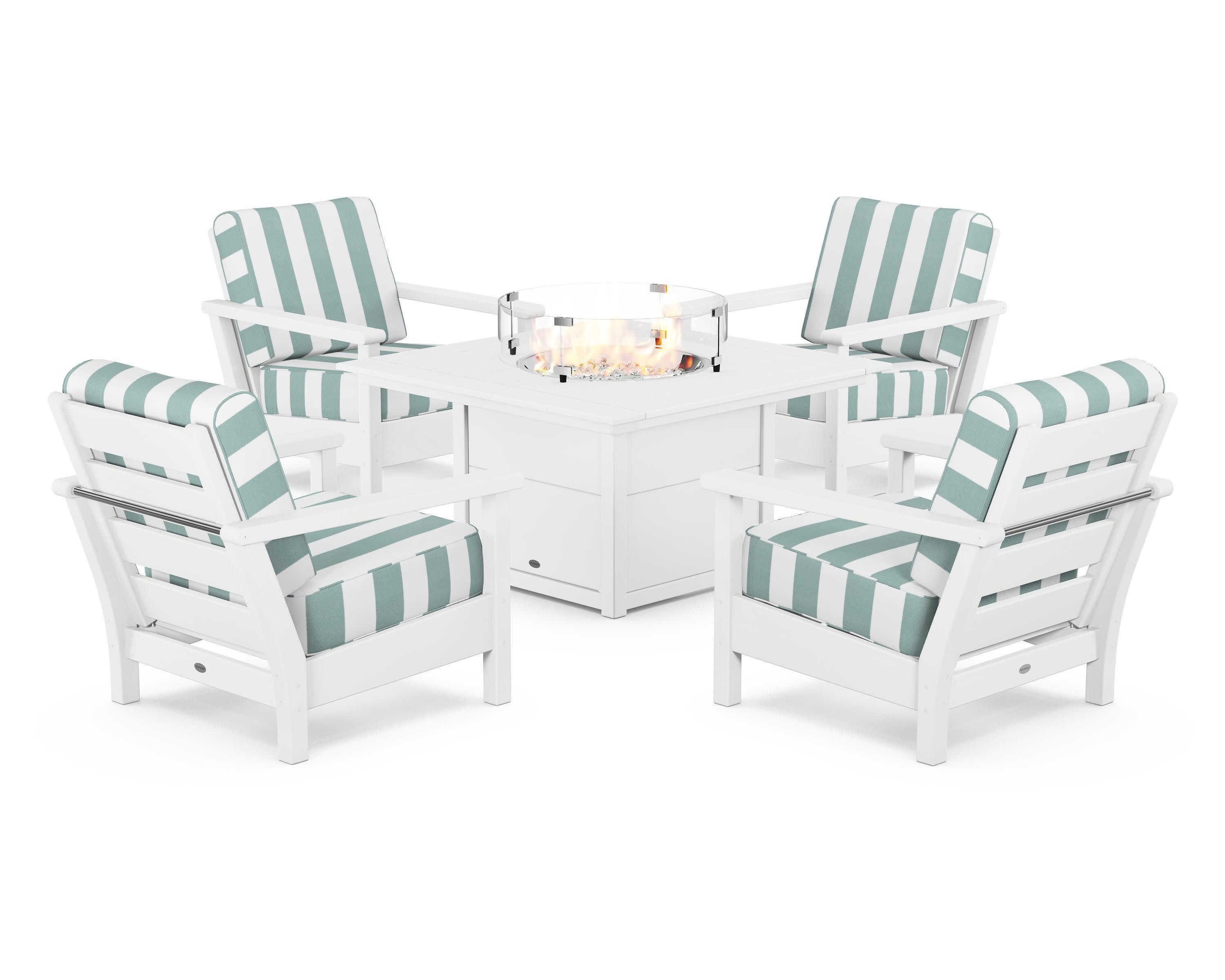 Harbour 5-Piece Conversation Set with Fire Pit Table in White / Cabana Stripe Glacier Spa