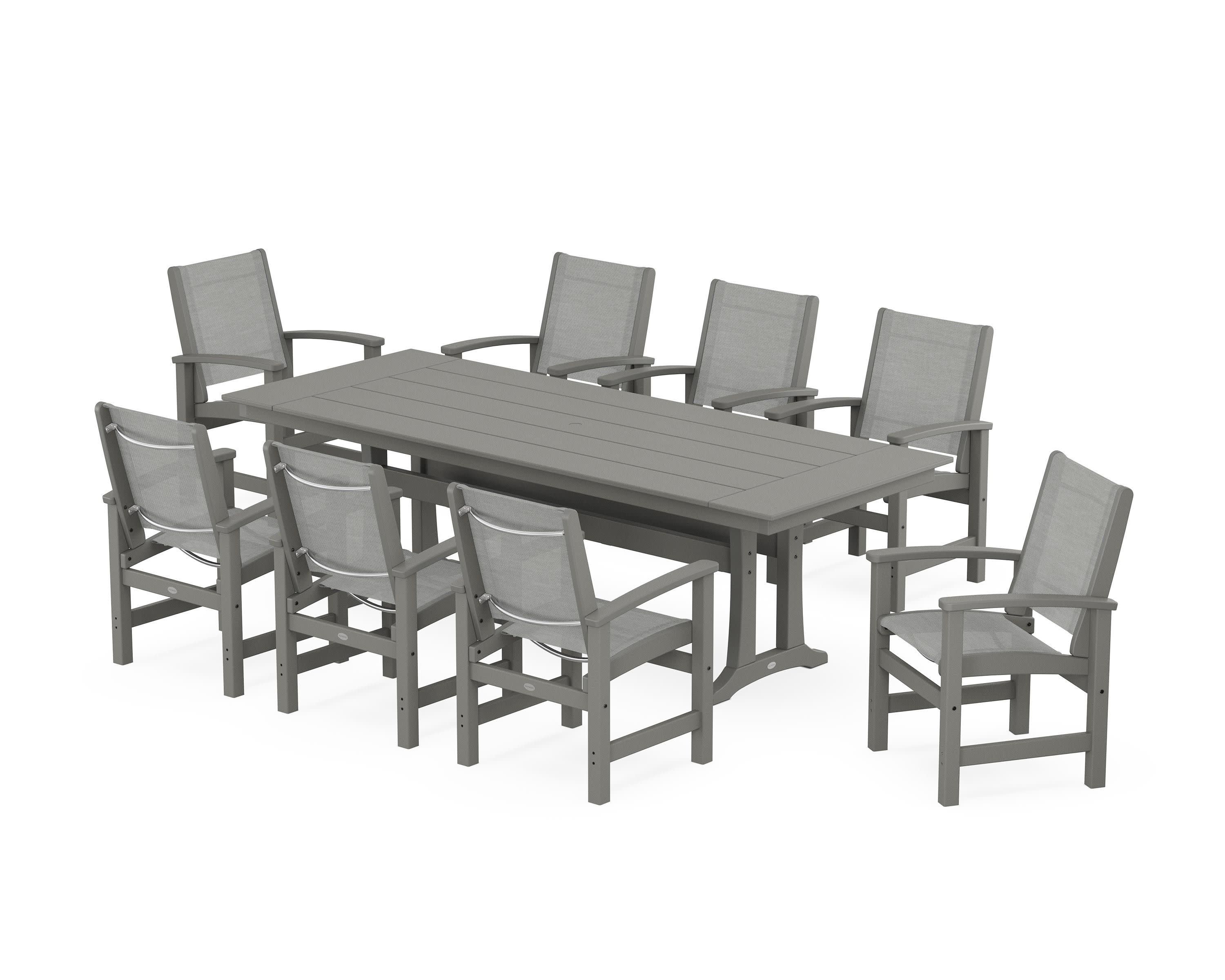 Coastal 9-Piece Farmhouse Dining Set with Trestle Legs in Slate Grey / Metallic Sling