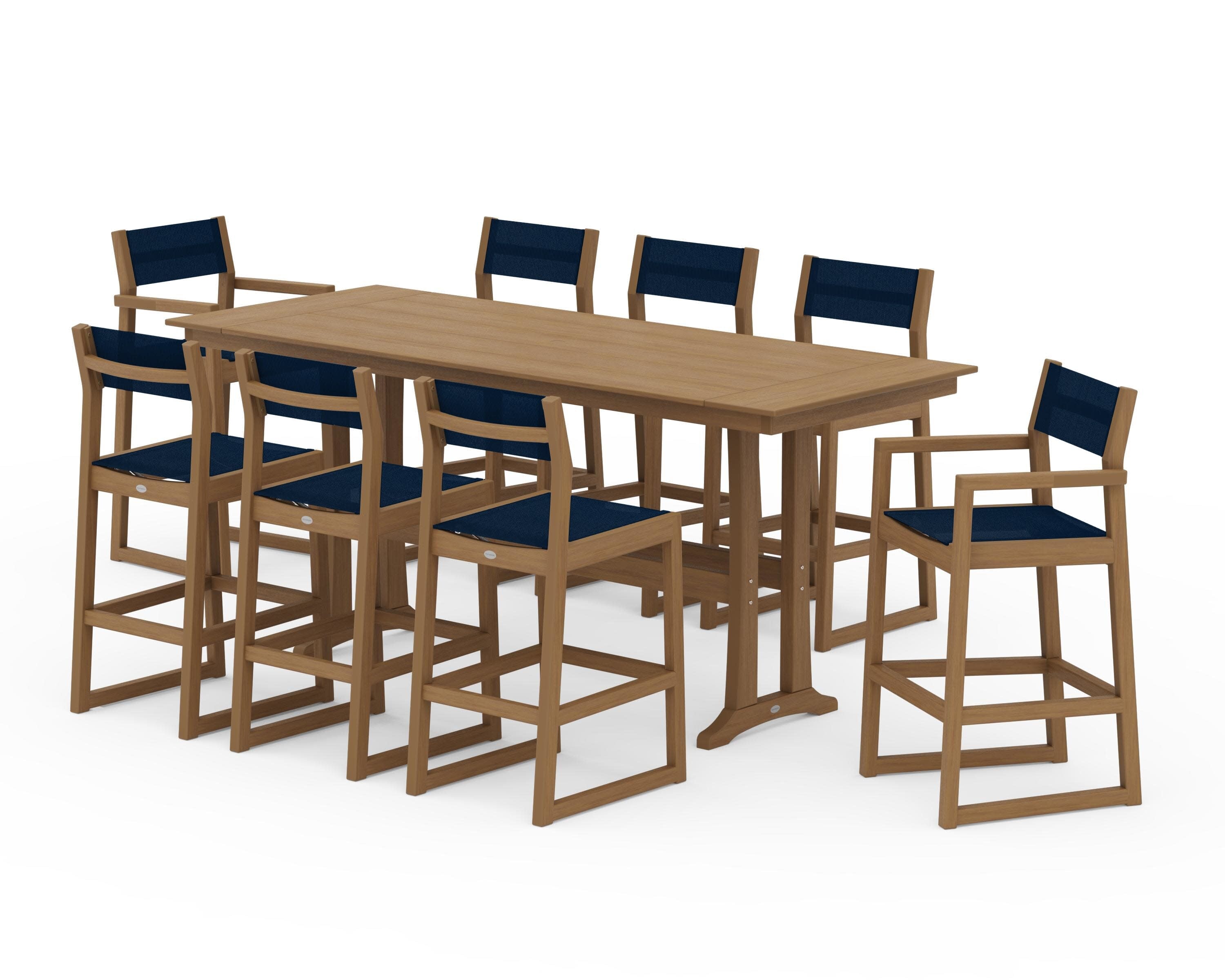 EDGE Sling 9-Piece Farmhouse Bar Set with Trestle Legs in Natural / Navy Blue Sling