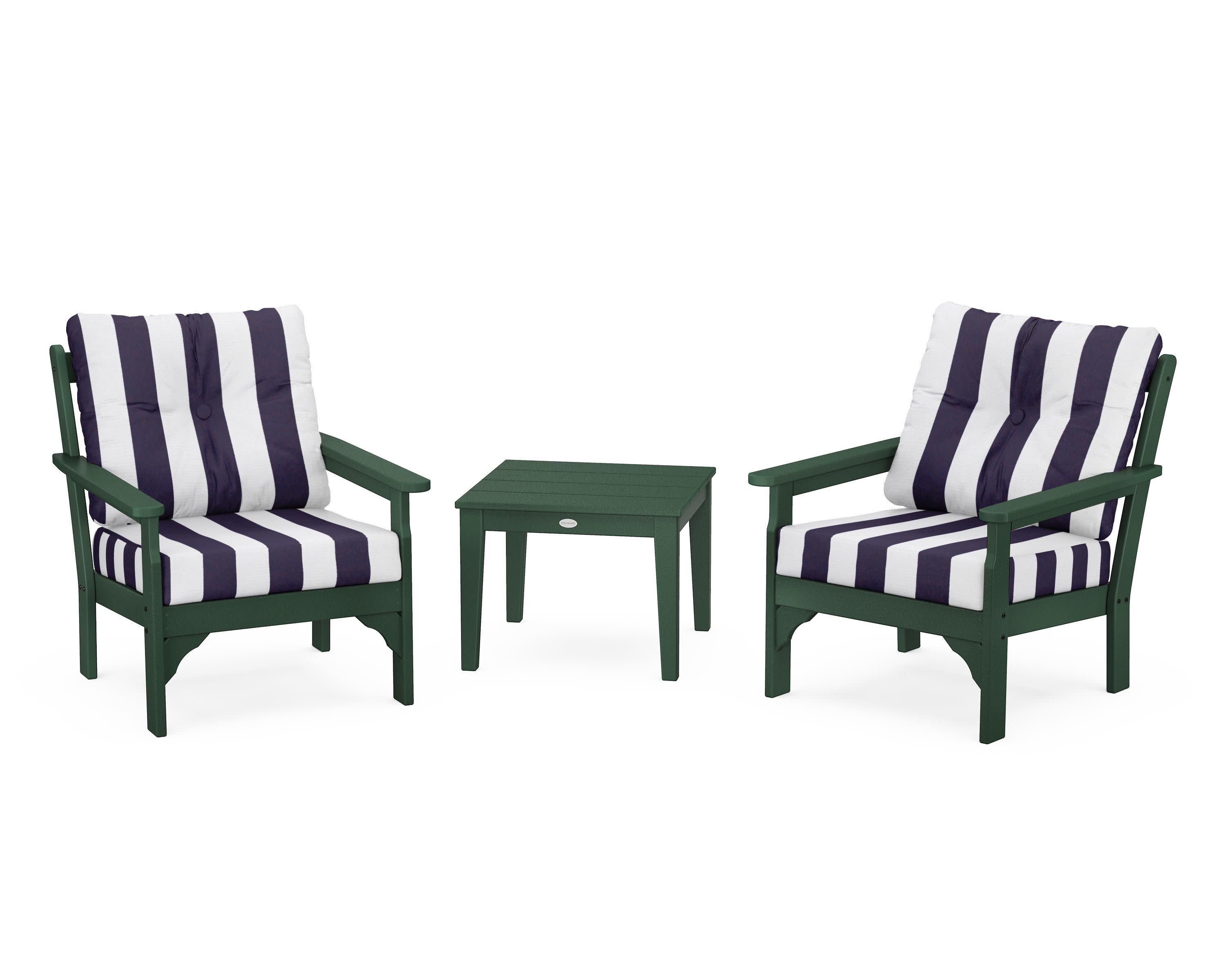 Vineyard 3-Piece Deep Seating Set in Green / Cabana Stripe Navy