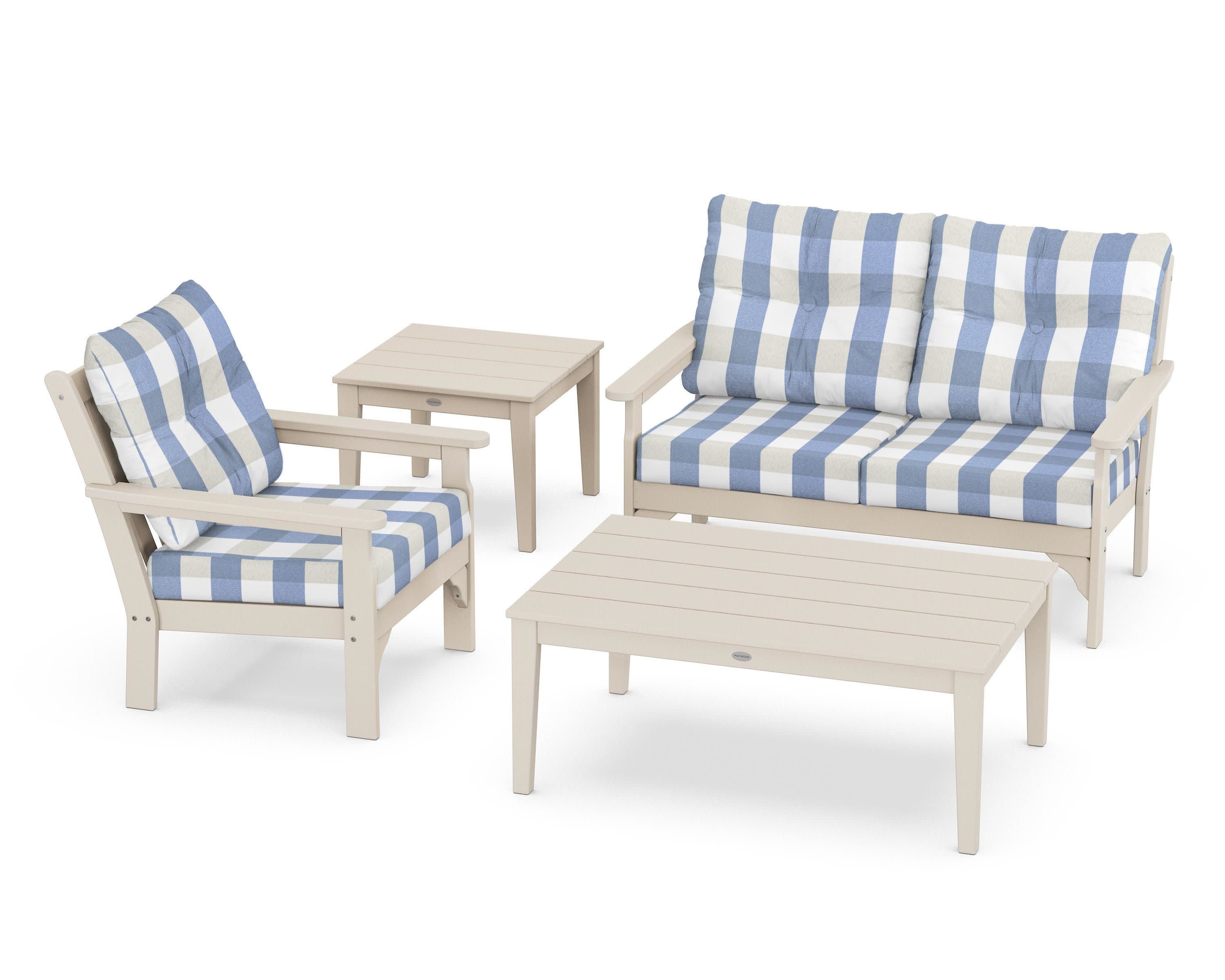 Vineyard 4-Piece Deep Seating Set in Sand / Buffalo Plaid Sky Blue