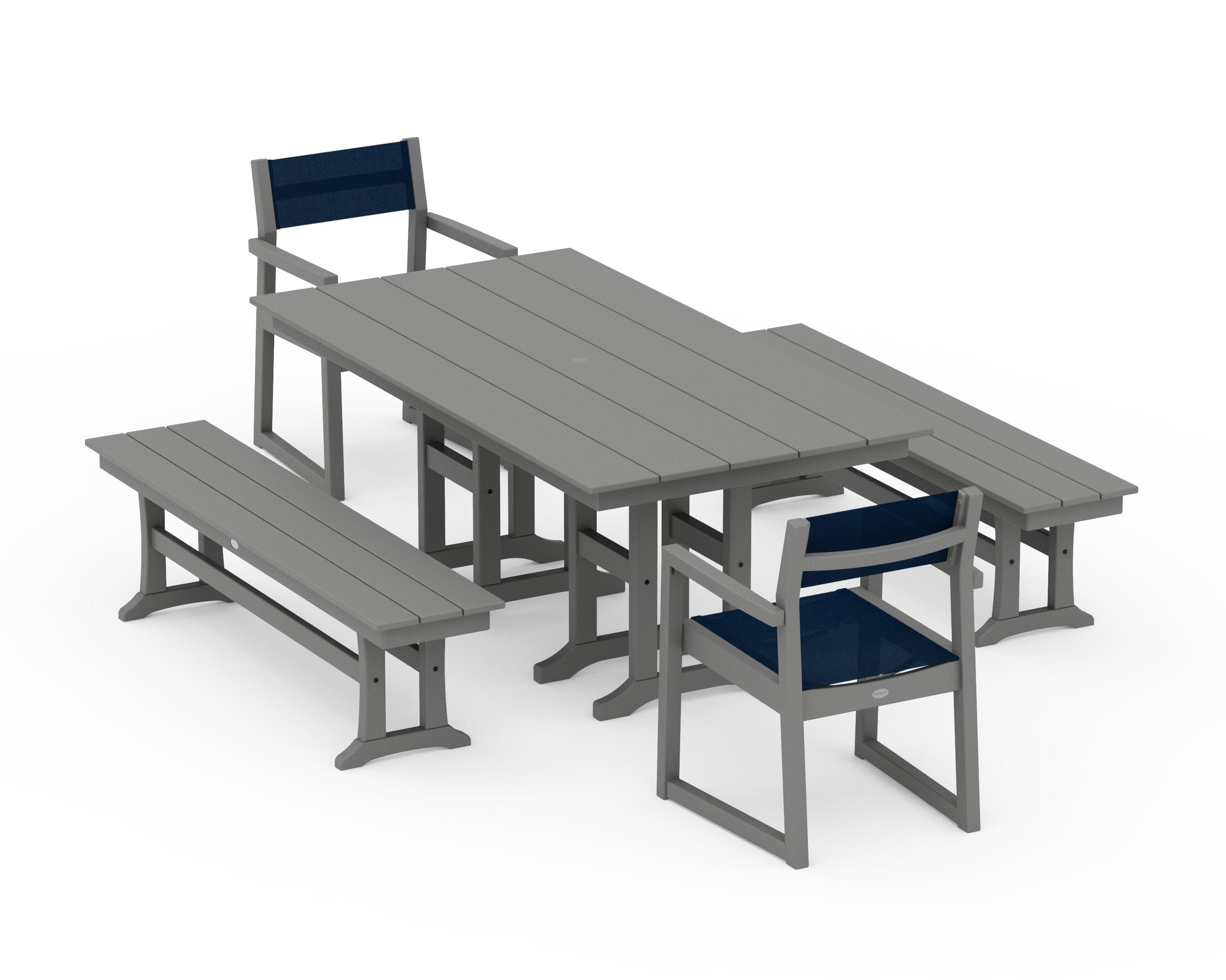 EDGE Sling Arm Chair 5-Piece Farmhouse Dining Set with Benches in Slate Grey / Navy Blue Sling