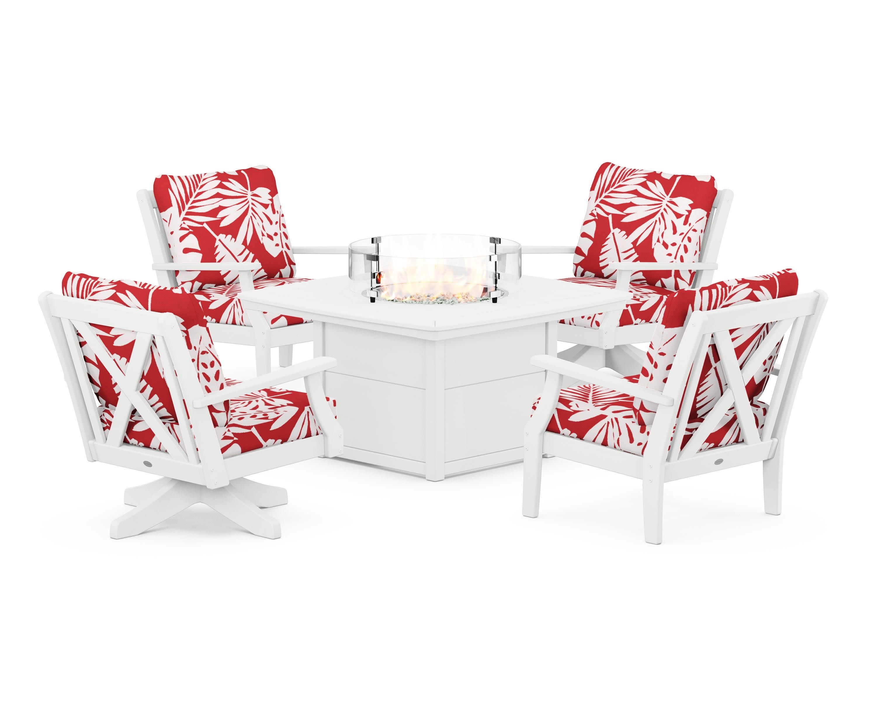 Braxton 5-Piece Deep Seating Set with Fire Table in White / Leaf Crimson