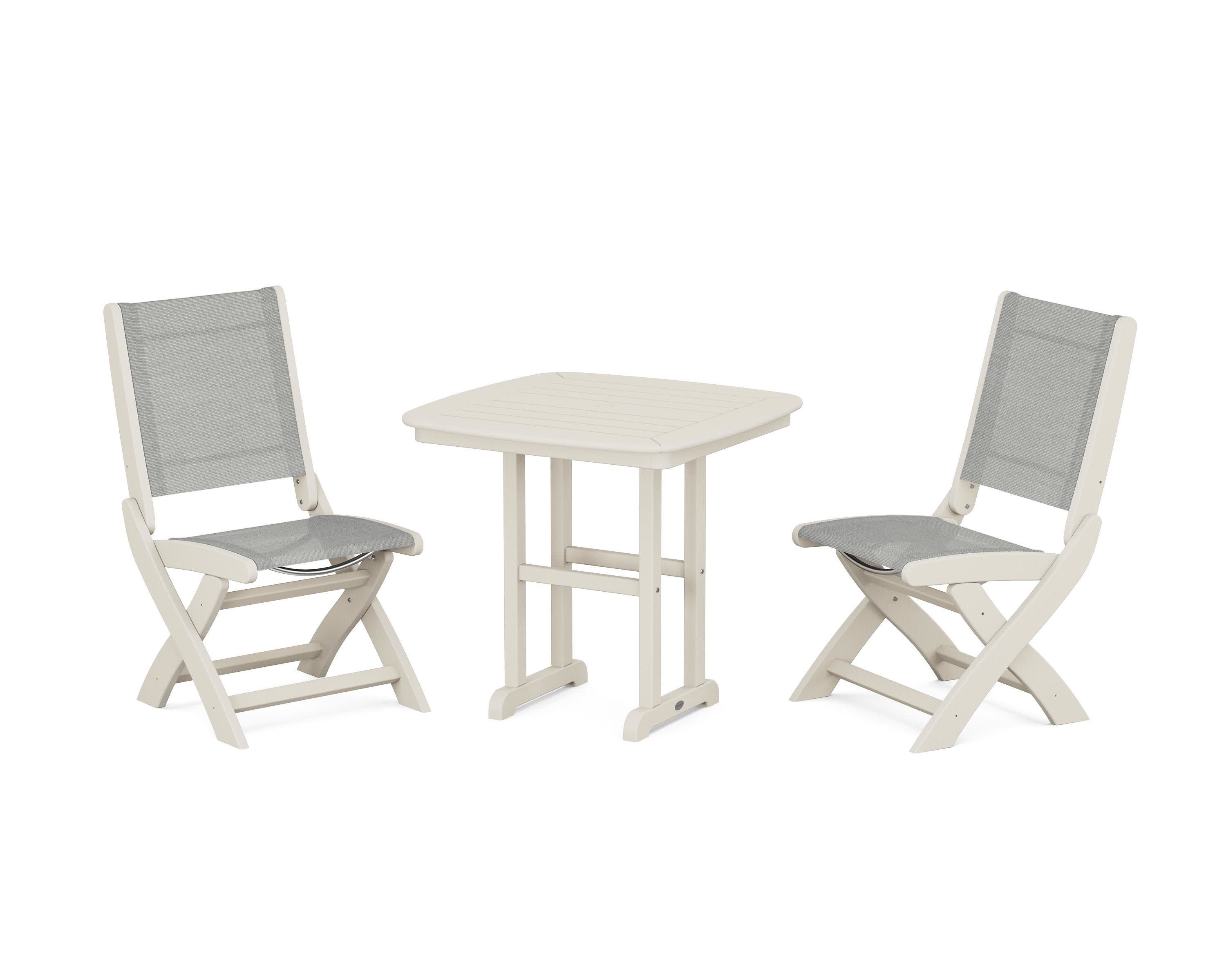 Coastal Folding Side Chair 3-Piece Dining Set in Sand / Metallic Sling