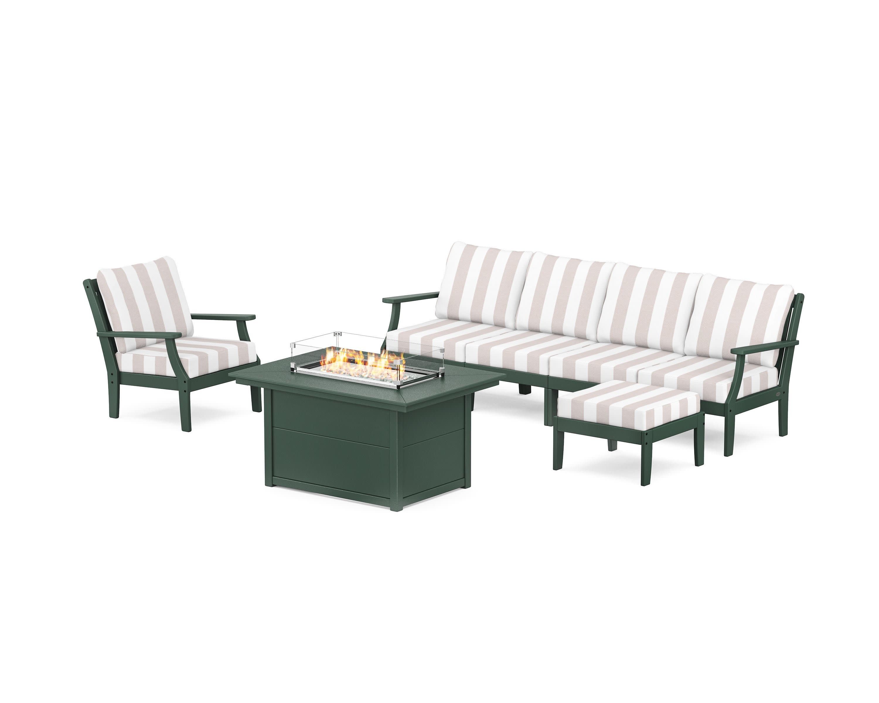 Braxton Sectional Lounge and Fire Pit Set in Green / Cabana Stripe Dune Burlap