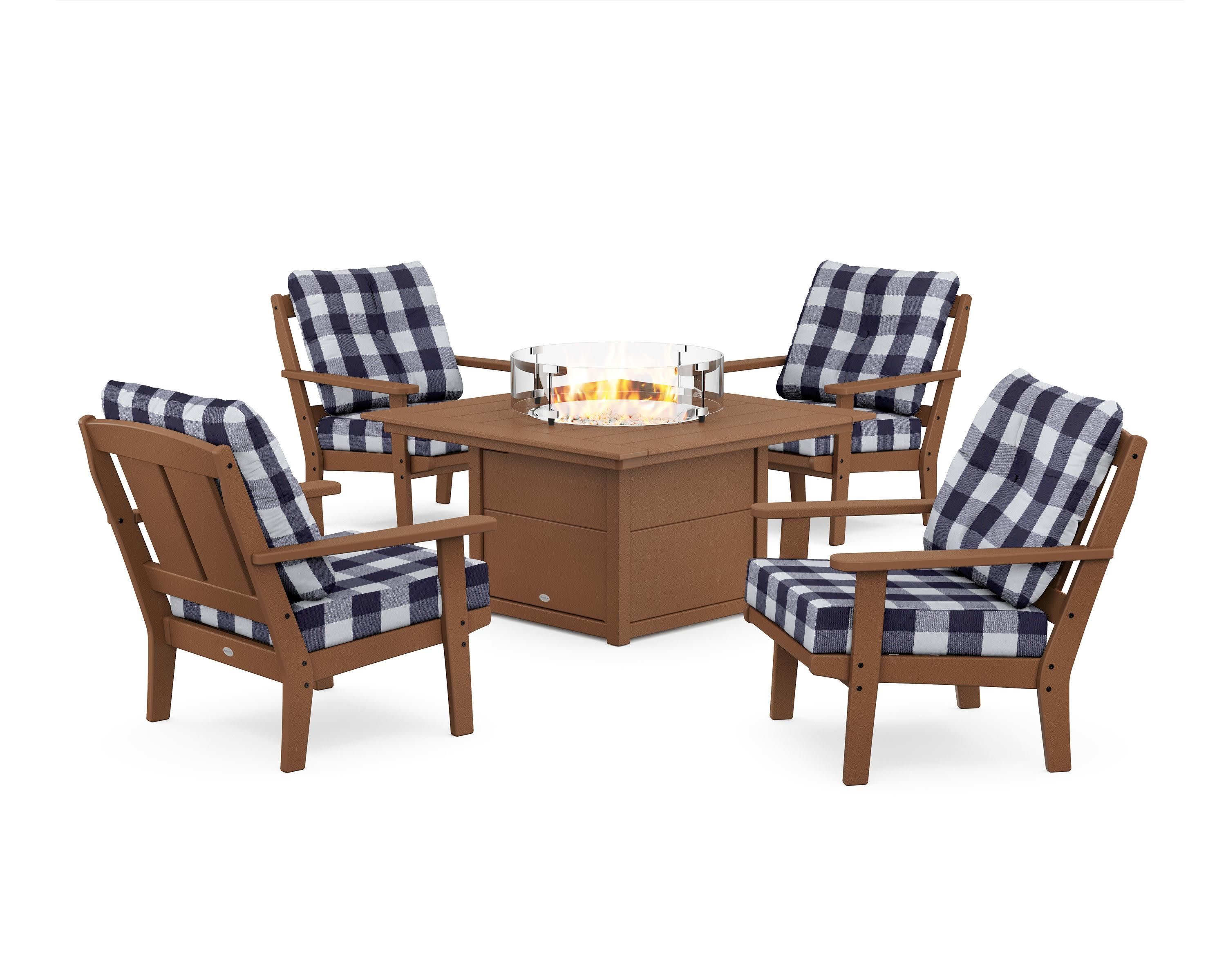 Mission 5-Piece Deep Seating Set with Fire Pit Table in Teak / Buffalo Plaid Navy
