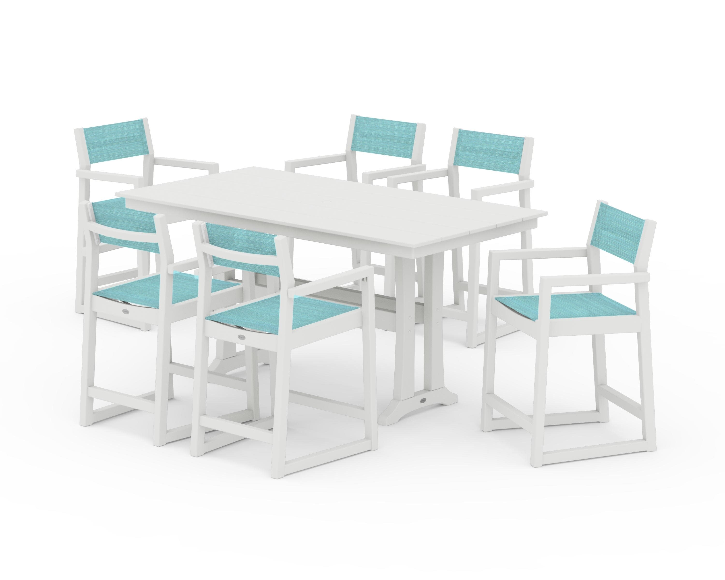 EDGE Sling Arm Chair 7-Piece Farmhouse Counter Set with Trestle Legs in Vintage White / Dupioni Aquamarine Sling
