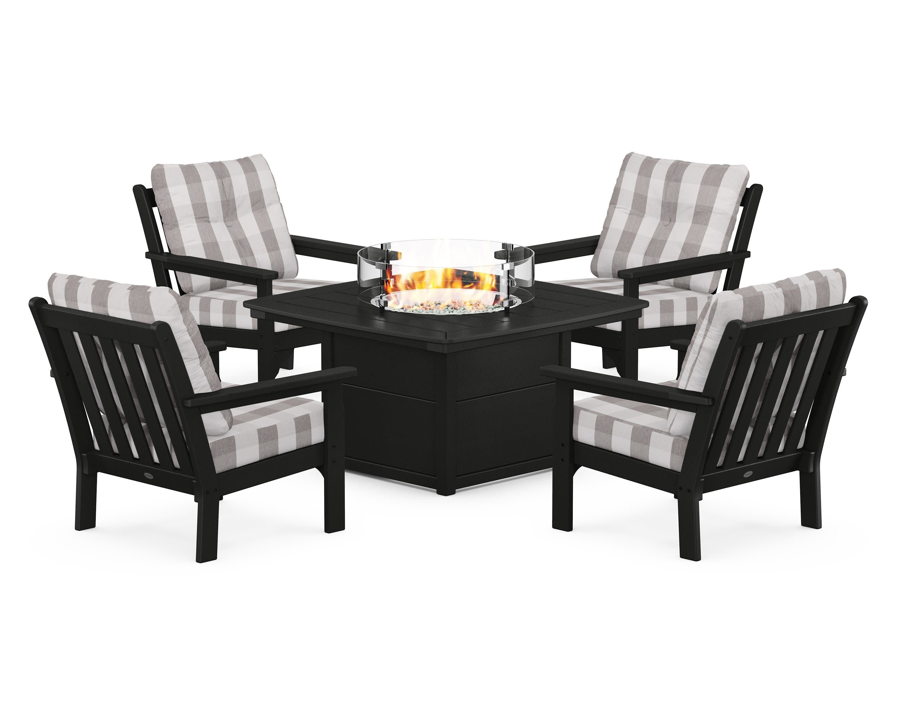 Vineyard 5-Piece Conversation Set with Fire Pit Table in Black / Buffalo Plaid Grey Mist