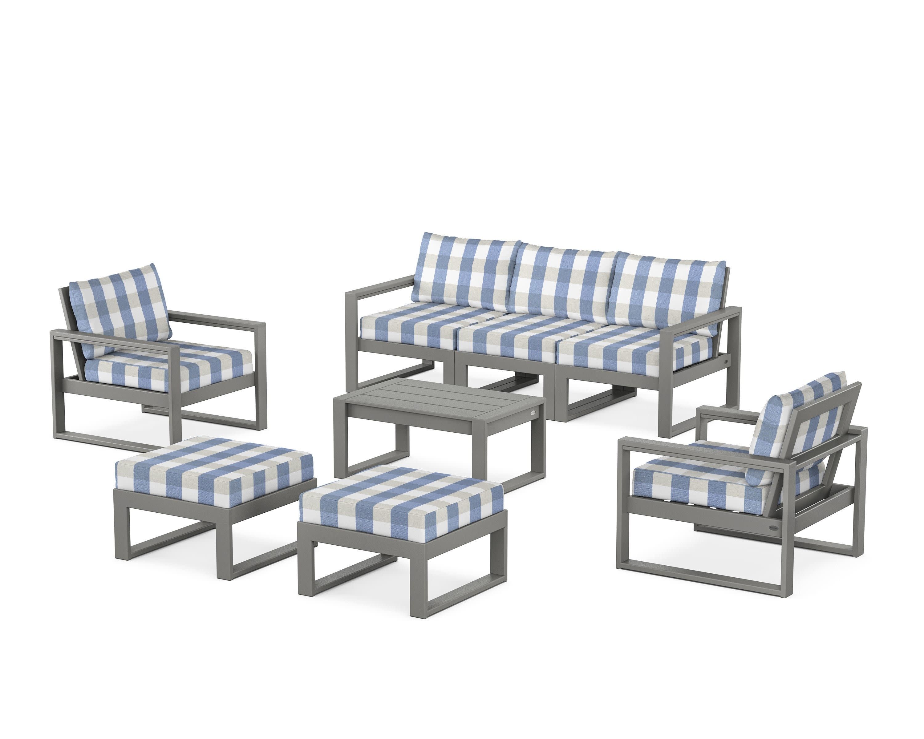 EDGE Sectional 8-Piece Lounge Sofa Set in Slate Grey / Buffalo Plaid Sky Blue