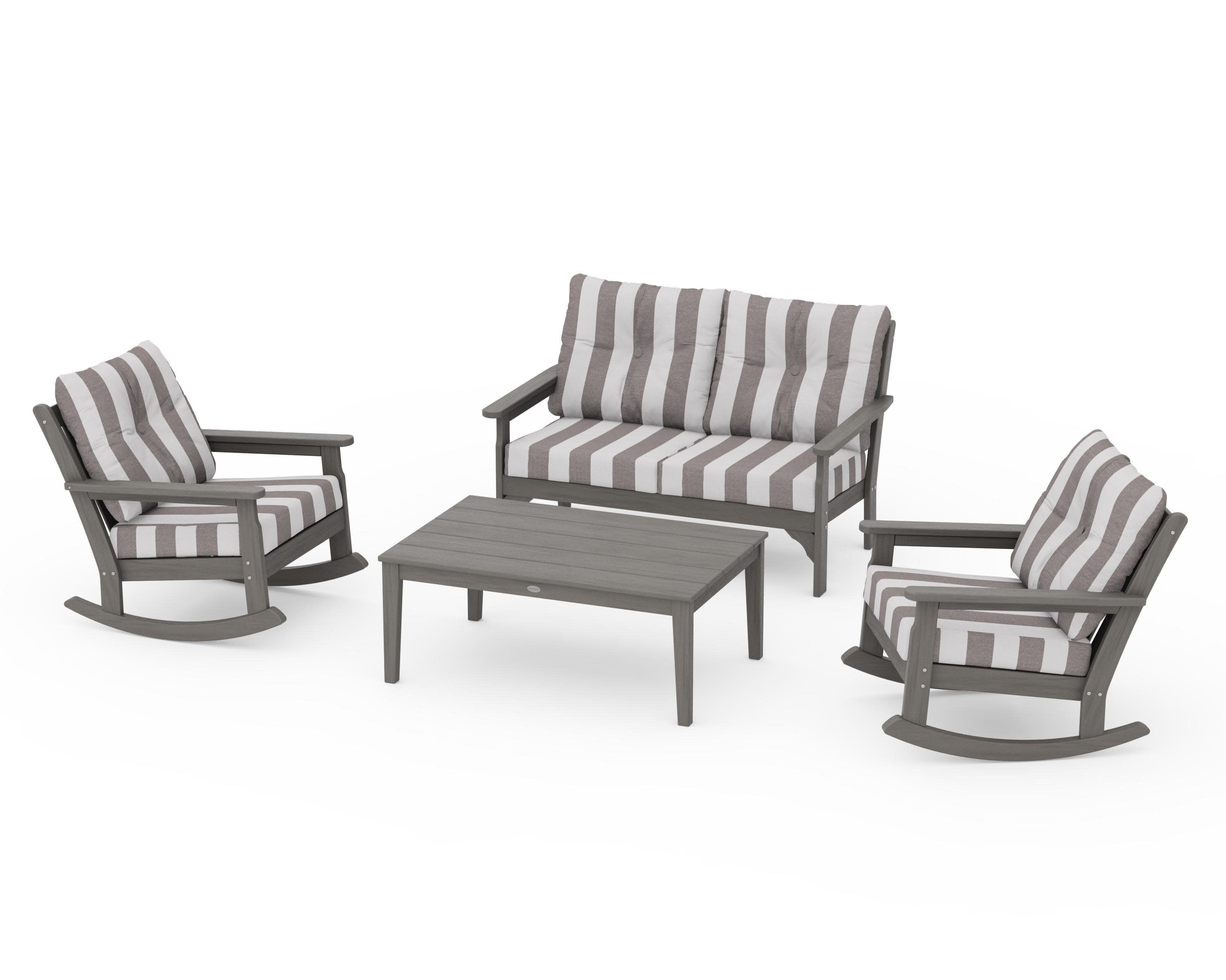 Vineyard 4-Piece Deep Seating Rocking Chair Set in Driftwood / Cabana Stripe Grey Mist
