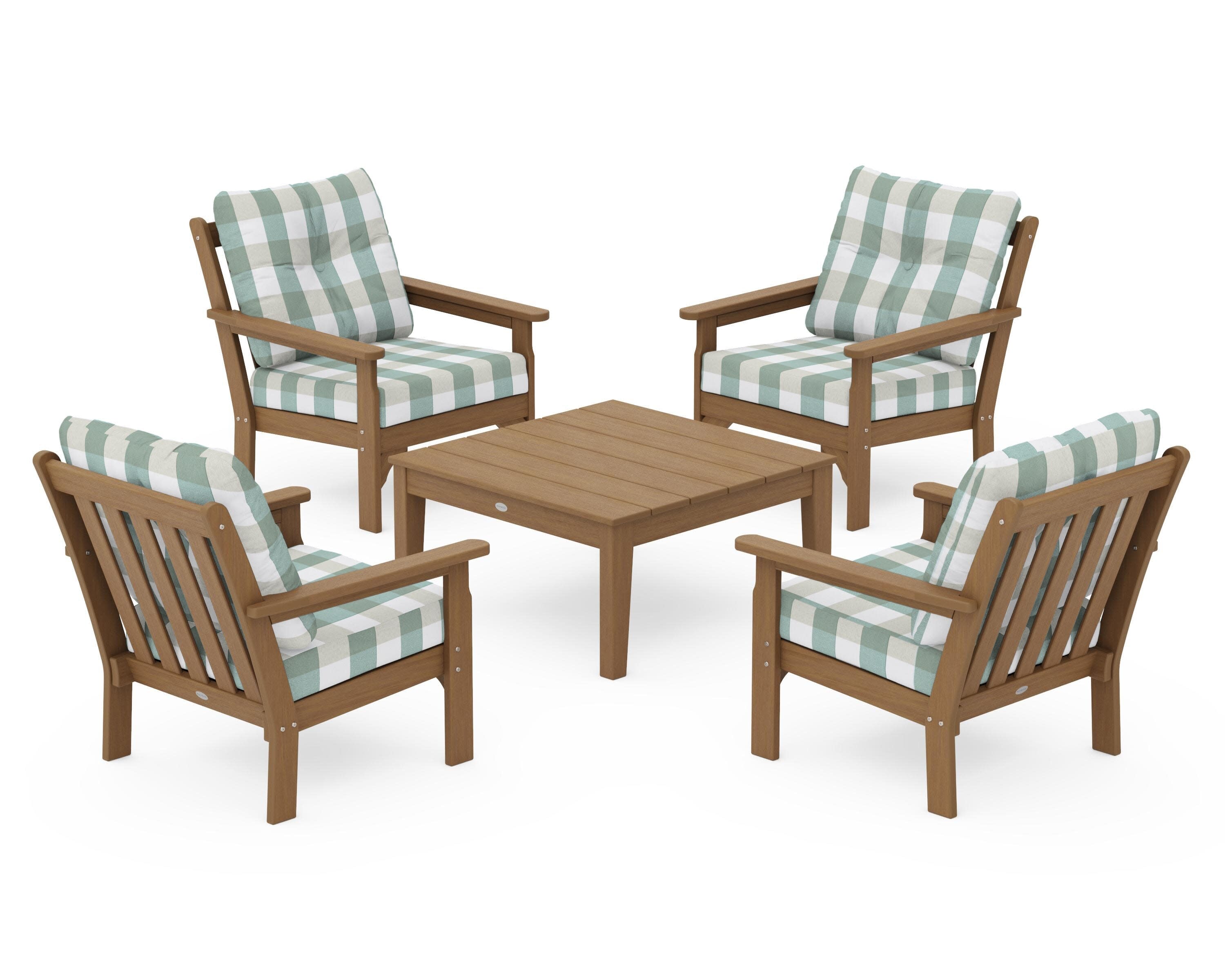 Vineyard 5-Piece Deep Seating Conversation Set in Natural / Buffalo Plaid Glacier Spa