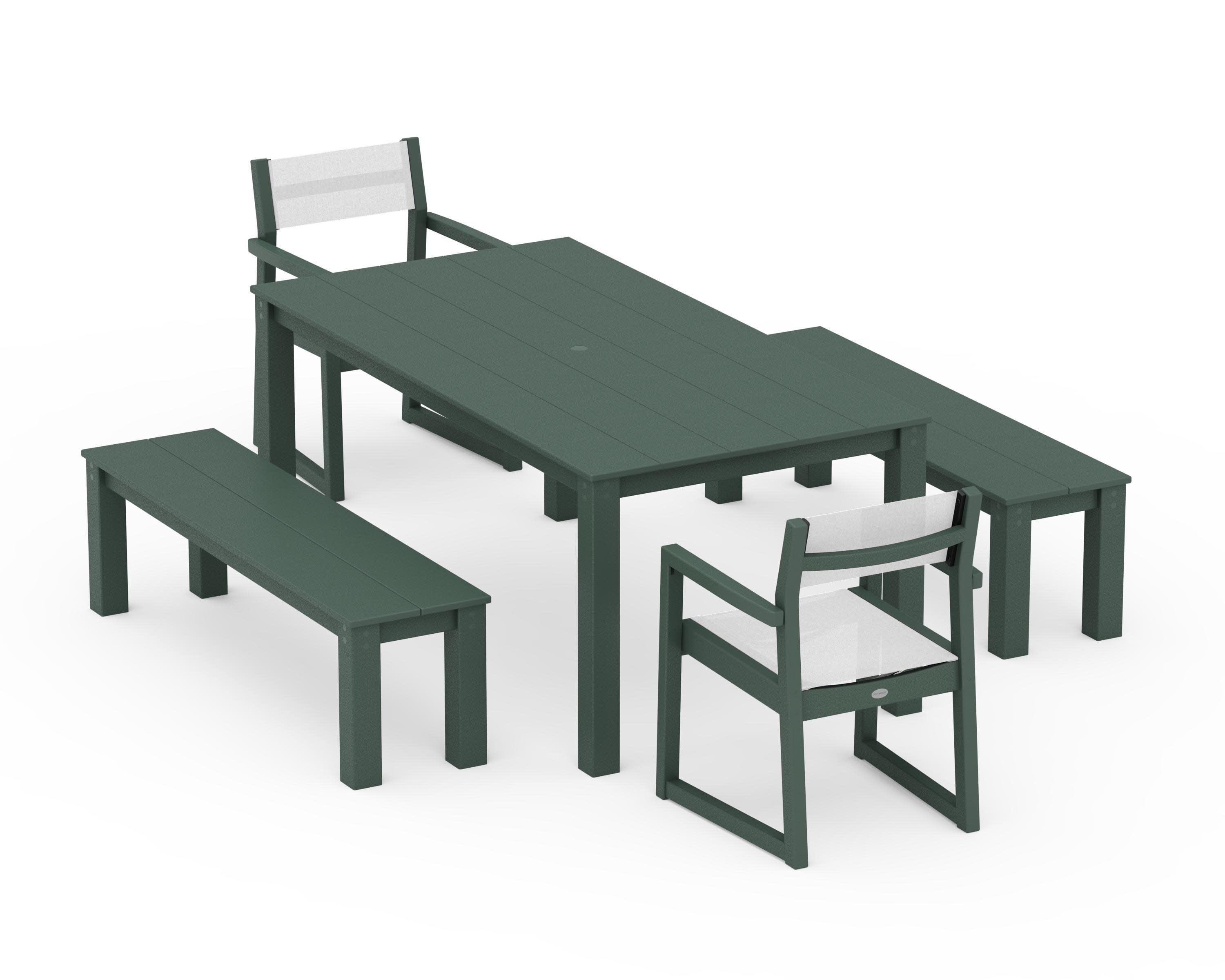 EDGE Sling Arm Chair 5-Piece Parsons Dining Set with Benches in Green / White Sling