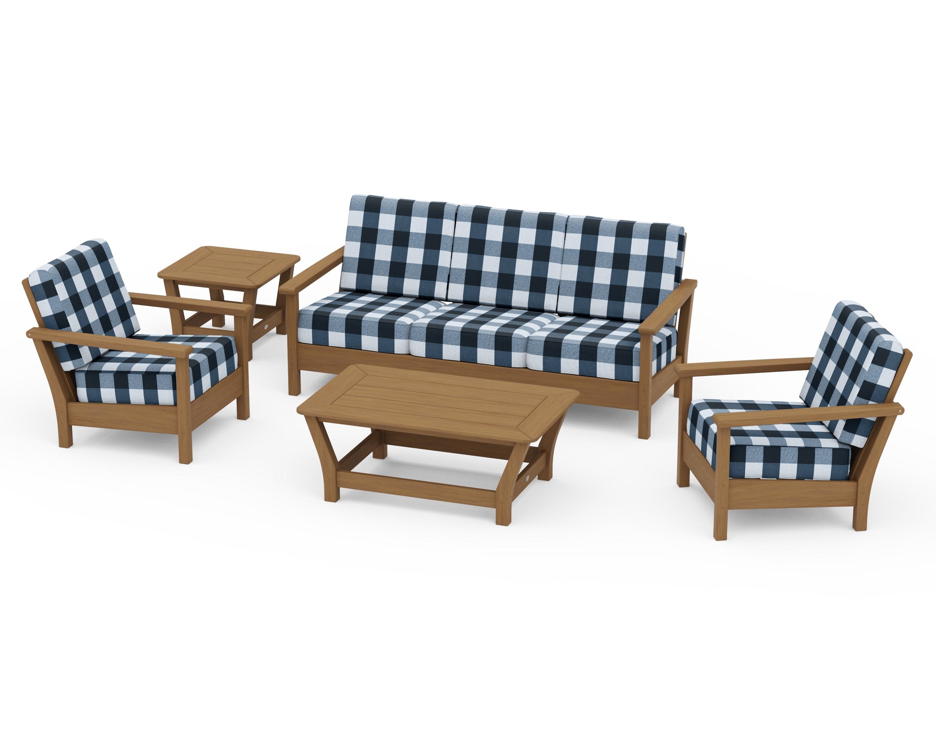 Harbour 5-Piece Deep Seating Set in Natural / Buffalo Plaid Marine Indigo