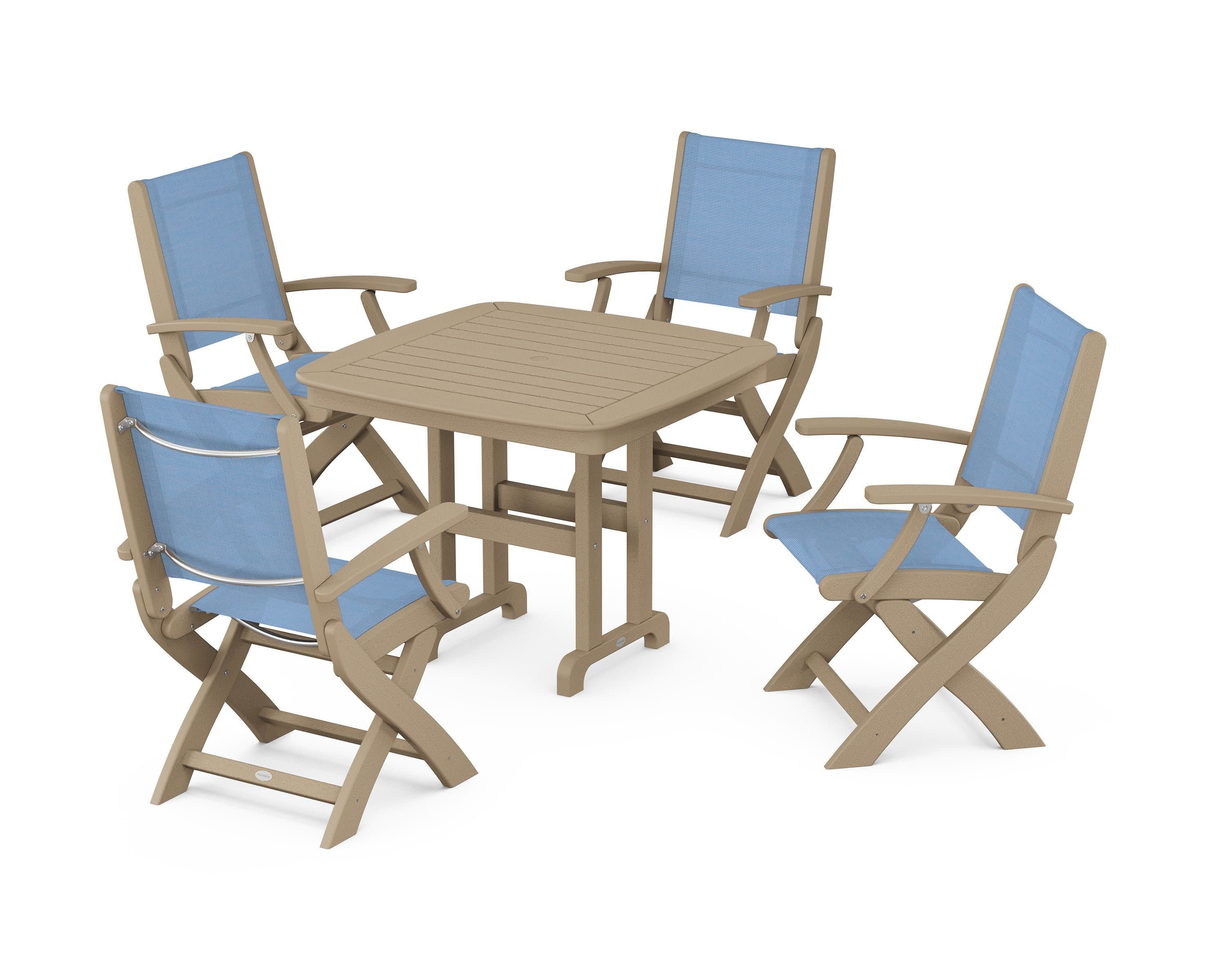 Coastal Folding Chair 5-Piece Dining Set in Vintage Sahara / Poolside Sling