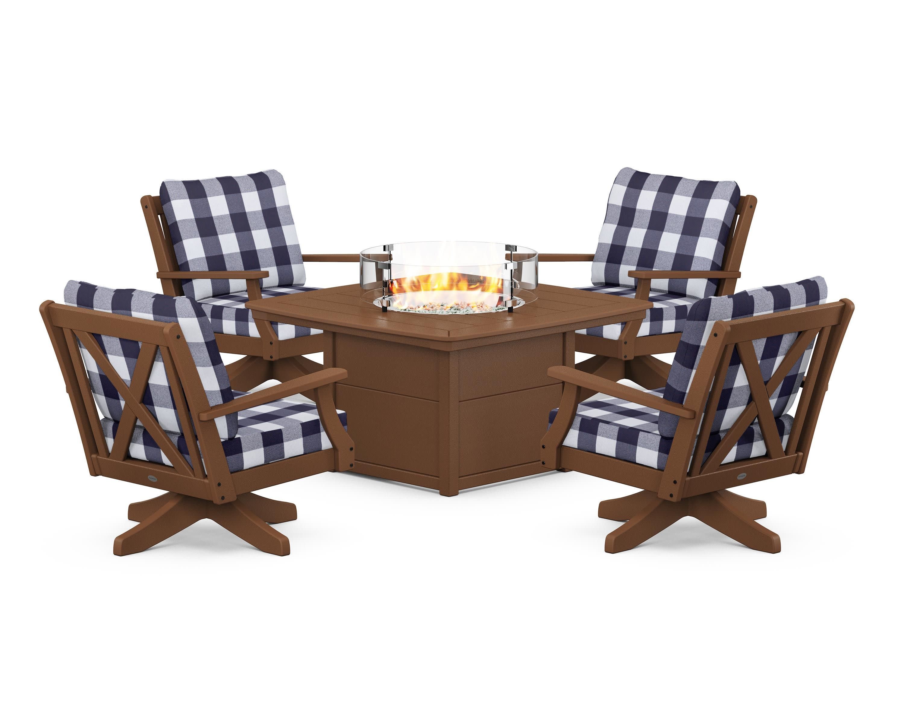 Braxton 5-Piece Deep Seating Swivel Conversation Set with Fire Pit Table in Teak / Buffalo Plaid Navy