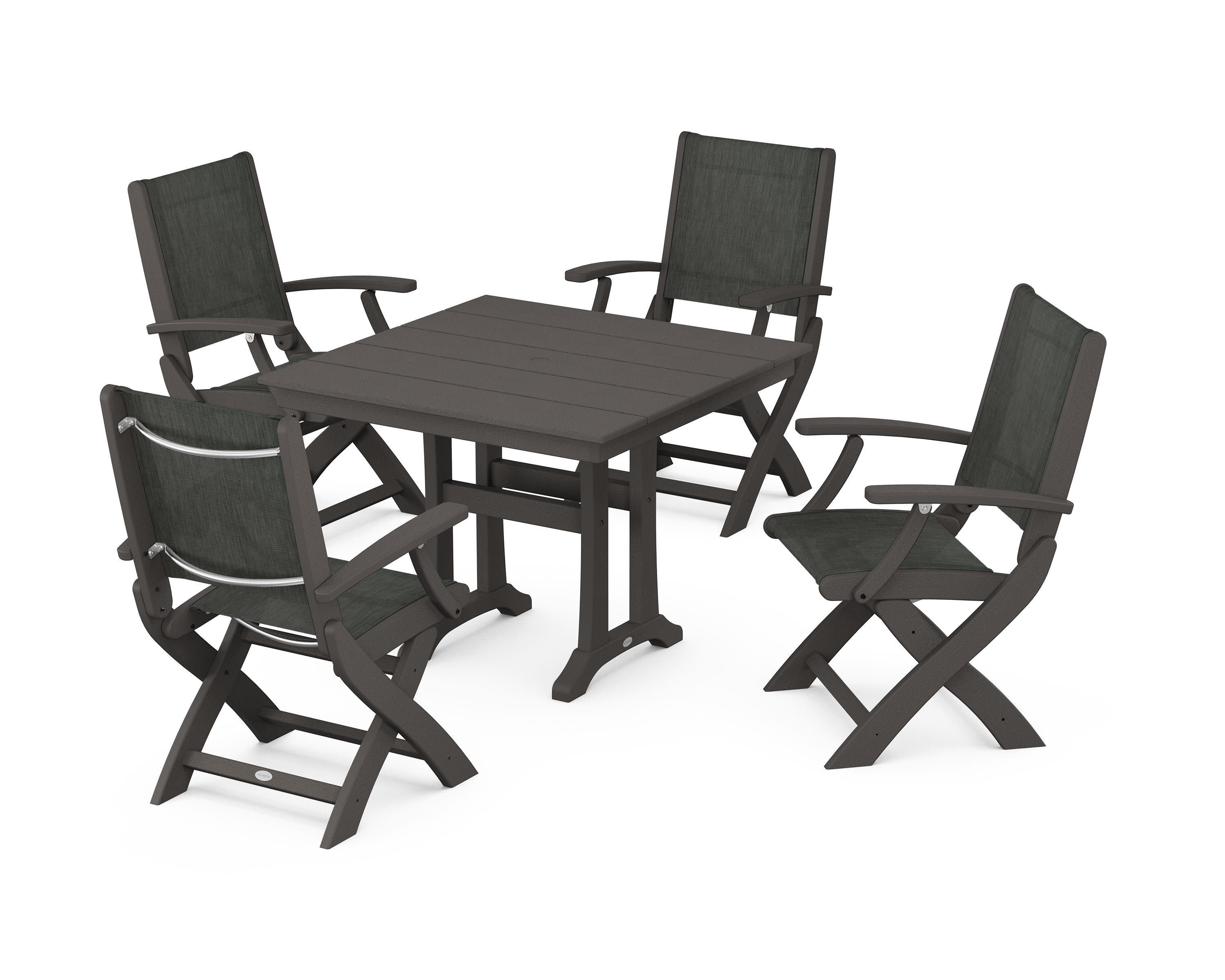 Coastal Folding Chair 5-Piece Farmhouse Dining Set With Trestle Legs in Vintage Coffee / Ember Sling