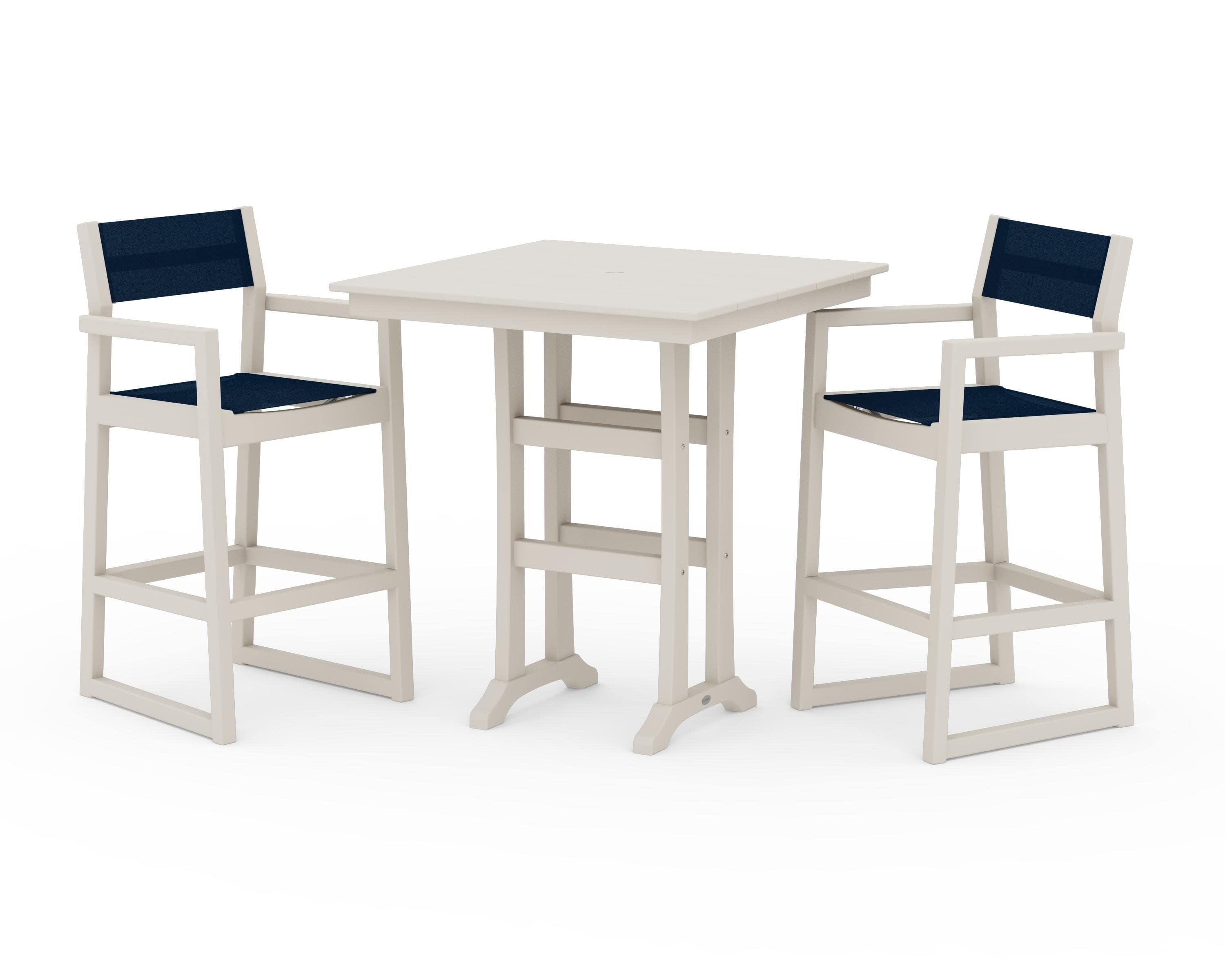 EDGE Sling Arm Chair 3-Piece Farmhouse Bar Set with Trestle Legs in Sand / Navy Blue Sling