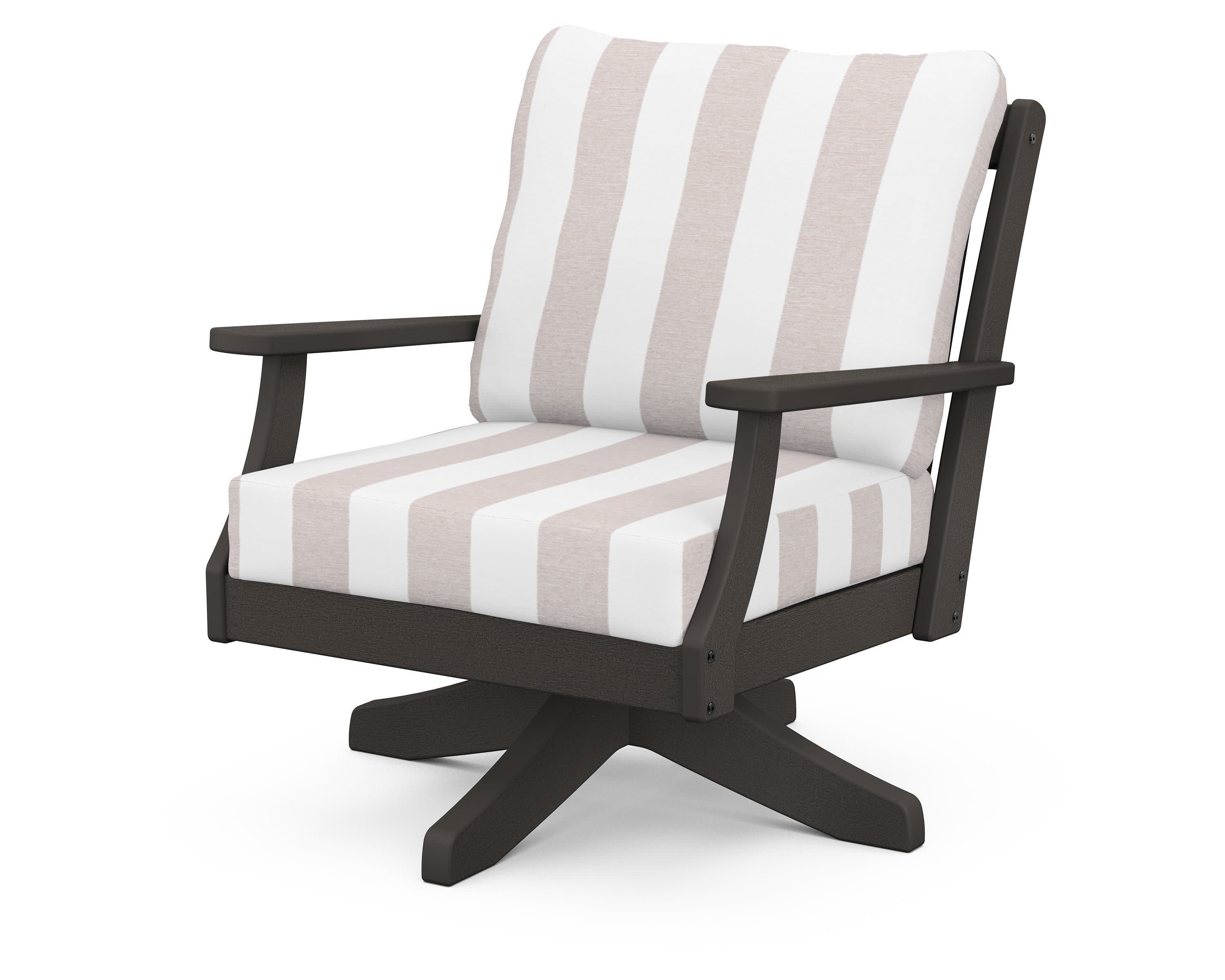Braxton Deep Seating Swivel Chair in Vintage Coffee / Cabana Stripe Dune Burlap