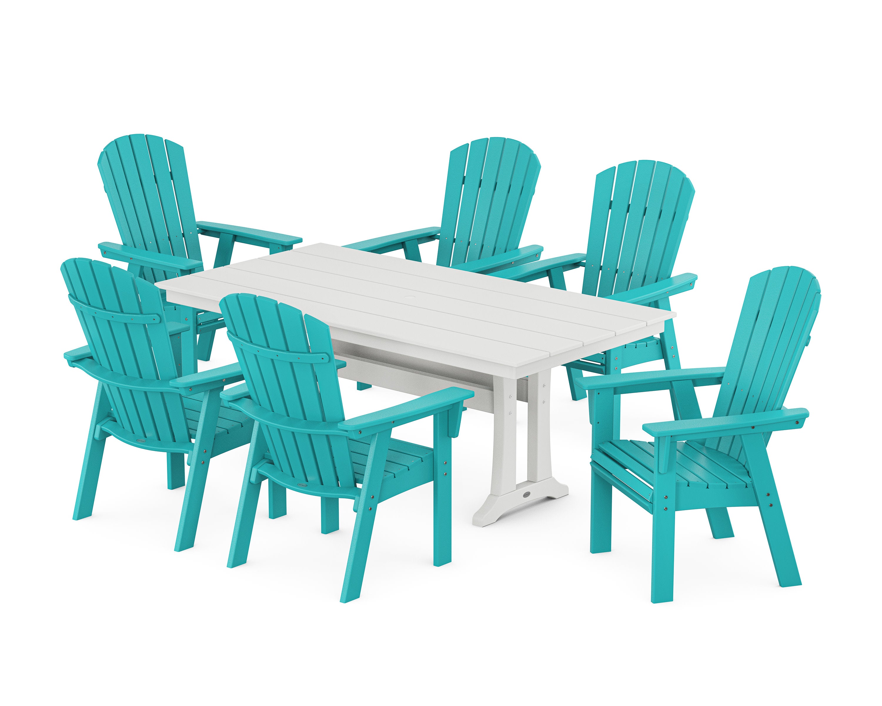 Nautical Curveback Adirondack 7-Piece Farmhouse Dining Set with Trestle Legs in Aruba / White