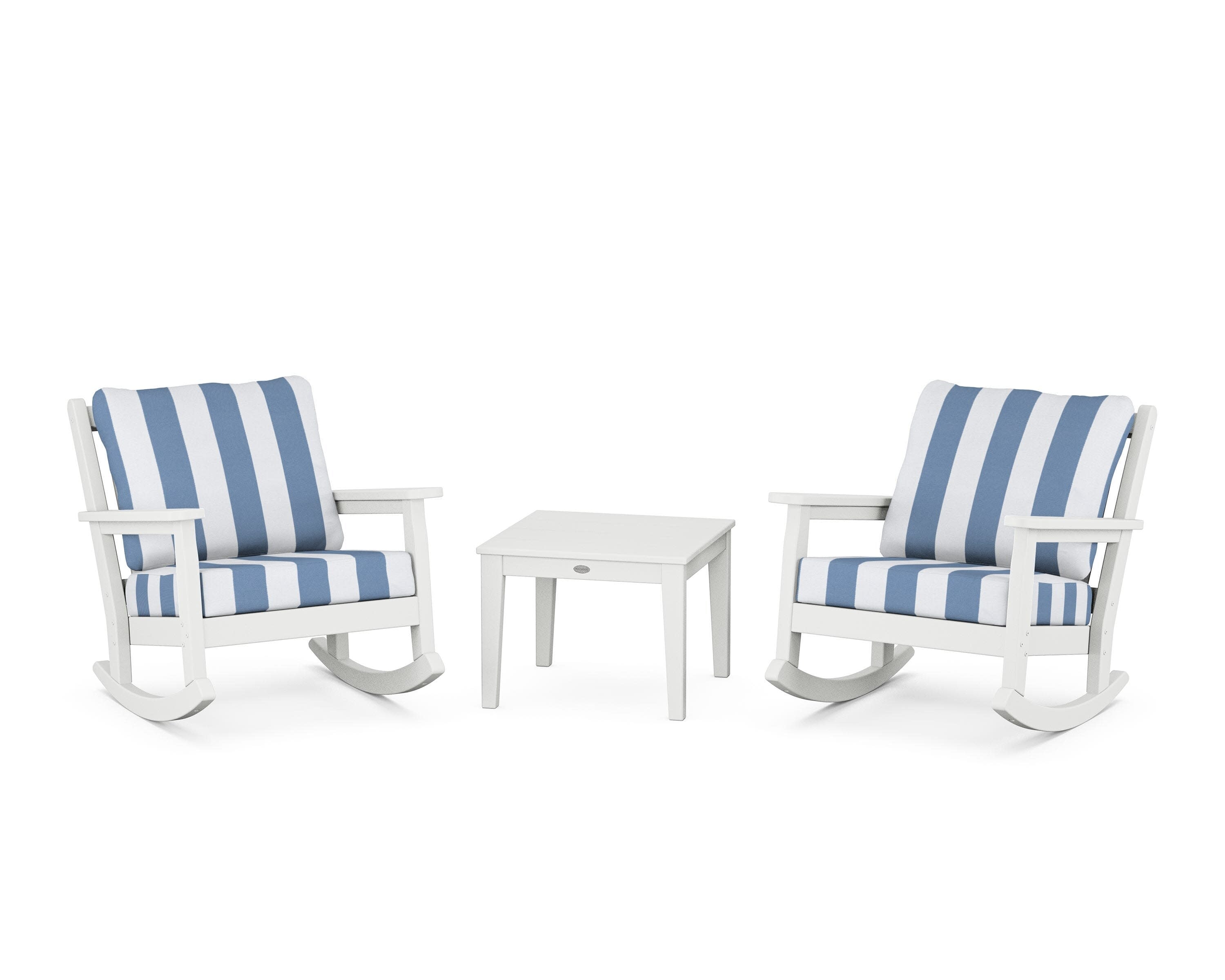 Chippendale 3-Piece Deep Seating Rocker Set in White / Cabana Stripe Sky Blue