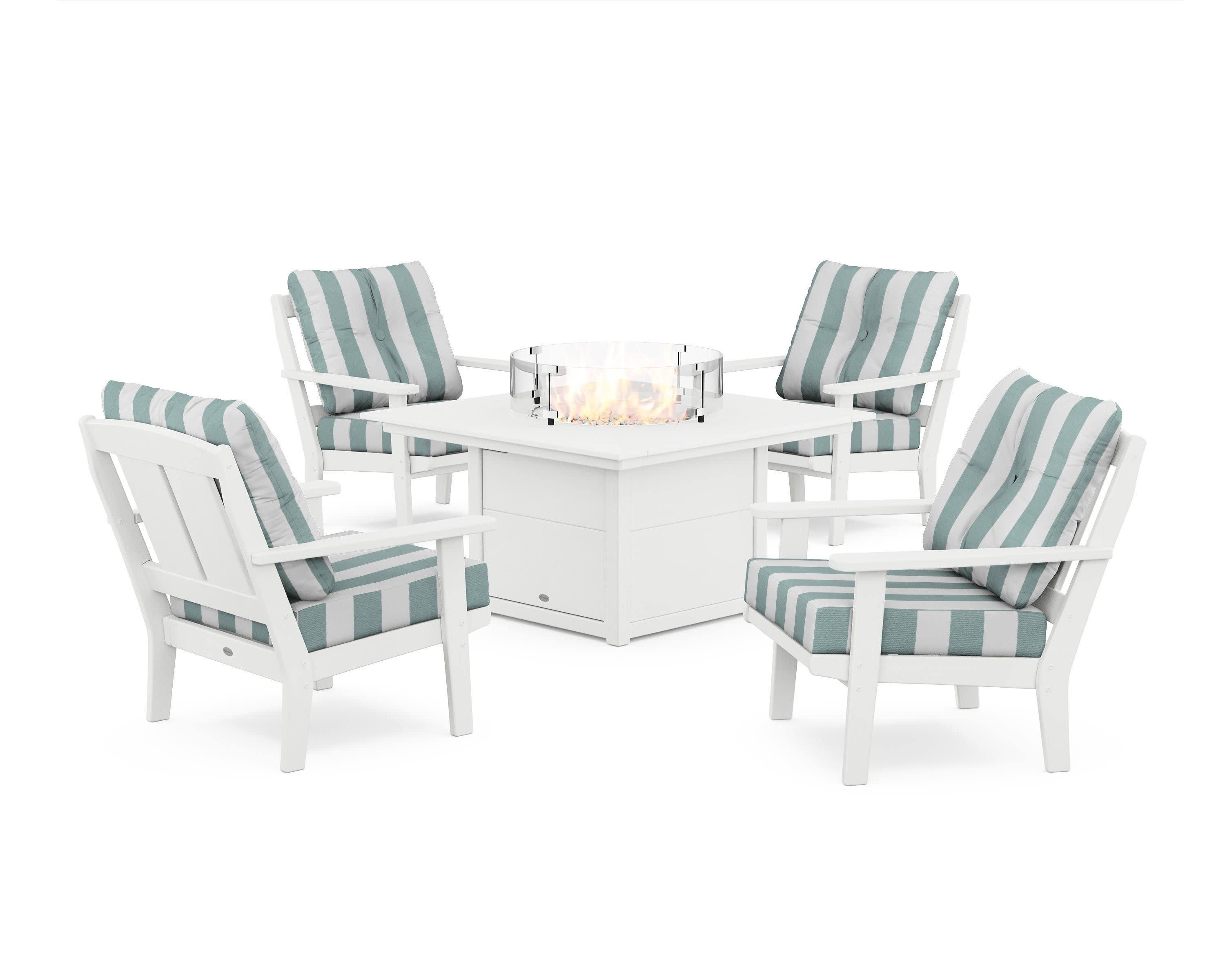 Mission 5-Piece Deep Seating Set with Fire Pit Table in White / Cabana Stripe Glacier Spa
