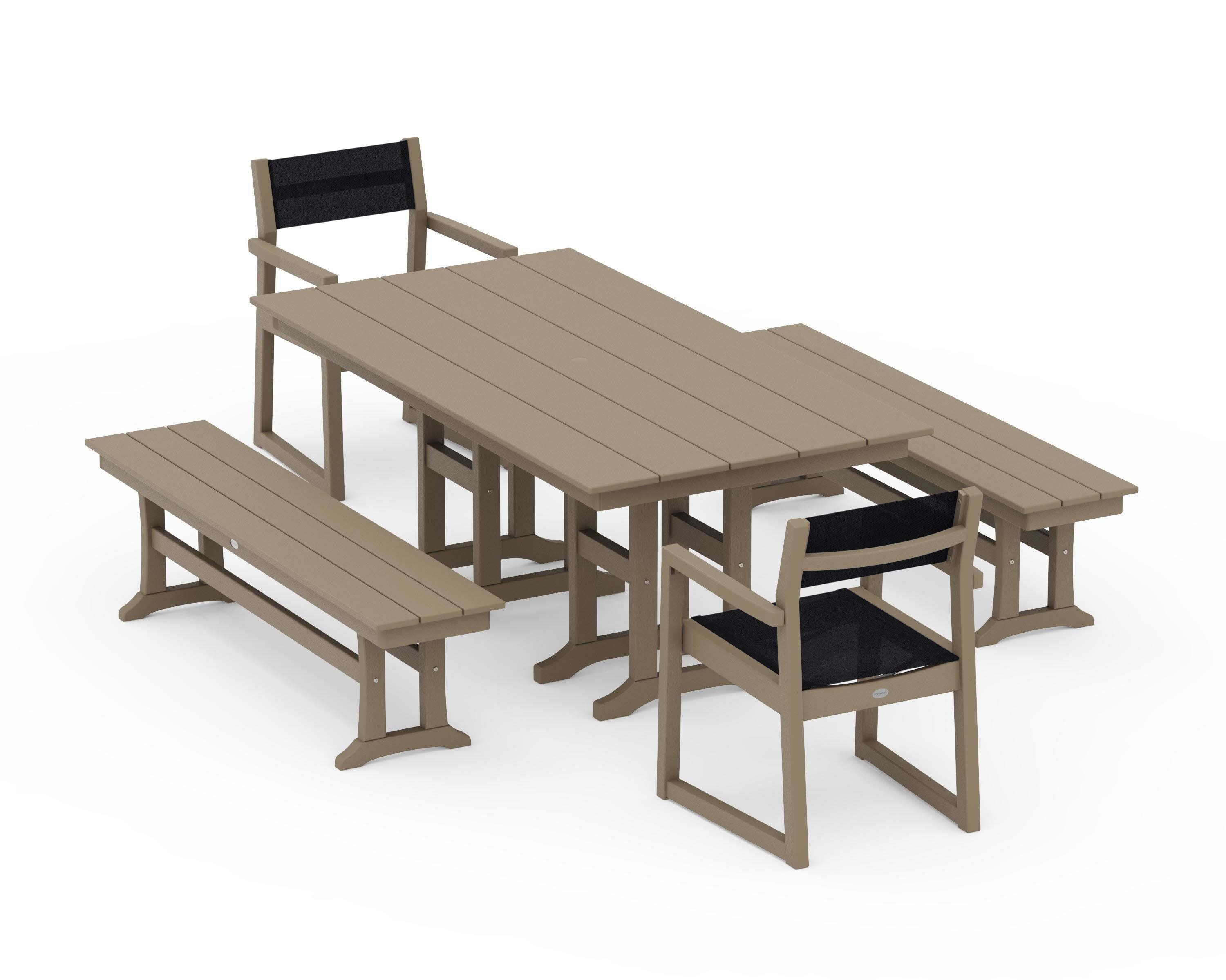 EDGE Sling Arm Chair 5-Piece Farmhouse Dining Set with Benches in Vintage Sahara / Black Sling