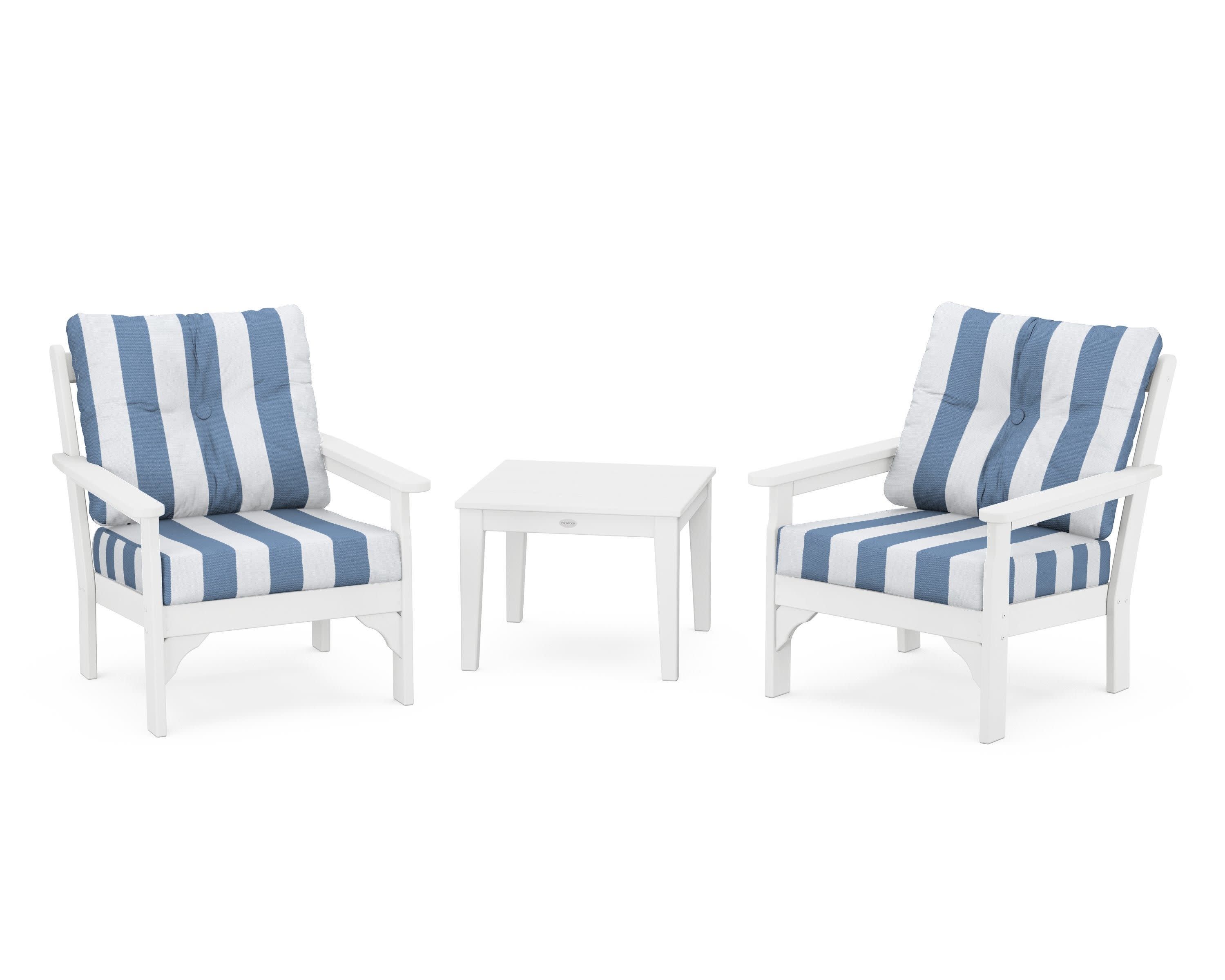 Vineyard 3-Piece Deep Seating Set in White / Cabana Stripe Sky Blue