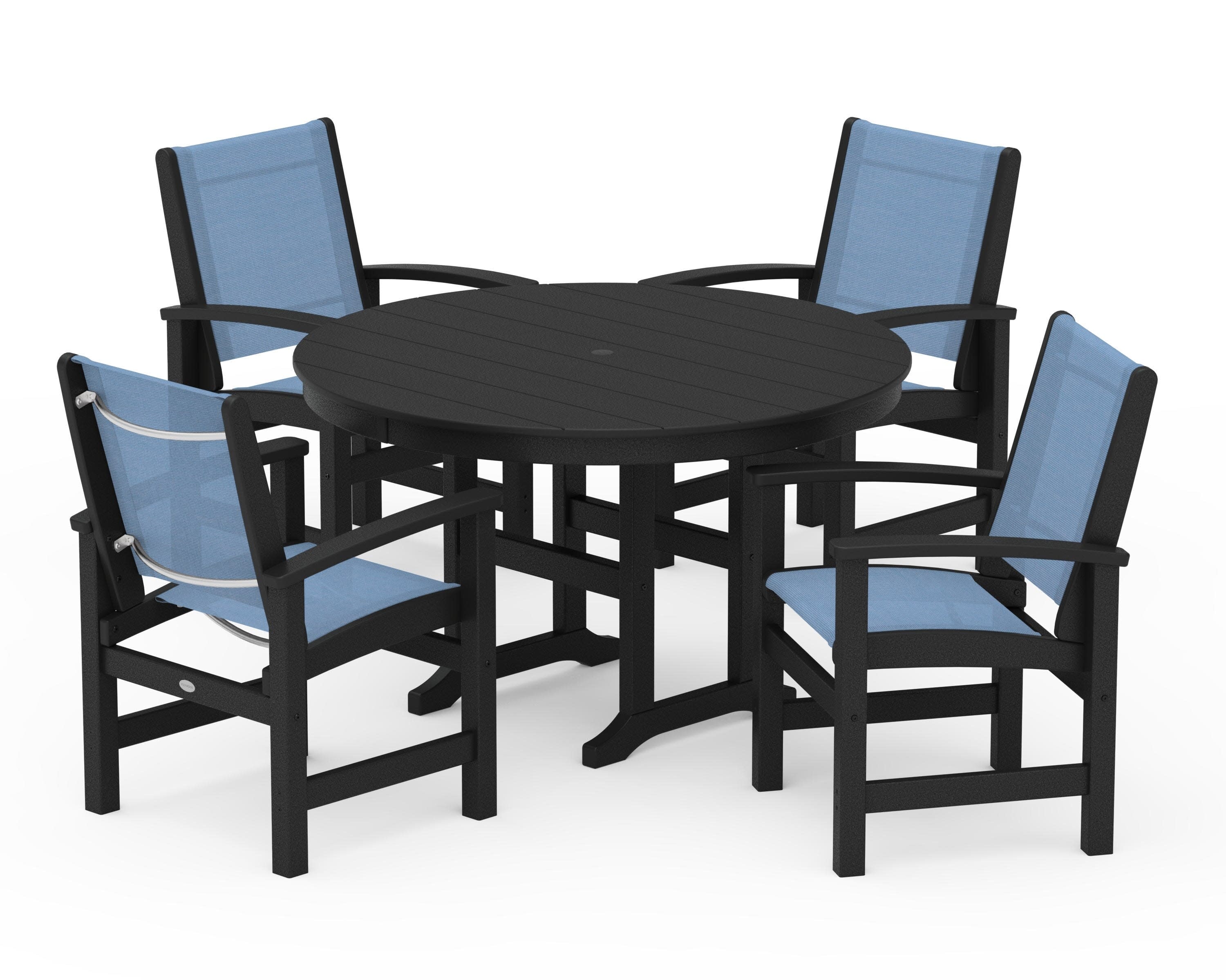 Coastal 5-Piece Round Farmhouse Dining Set in Black / Poolside Sling