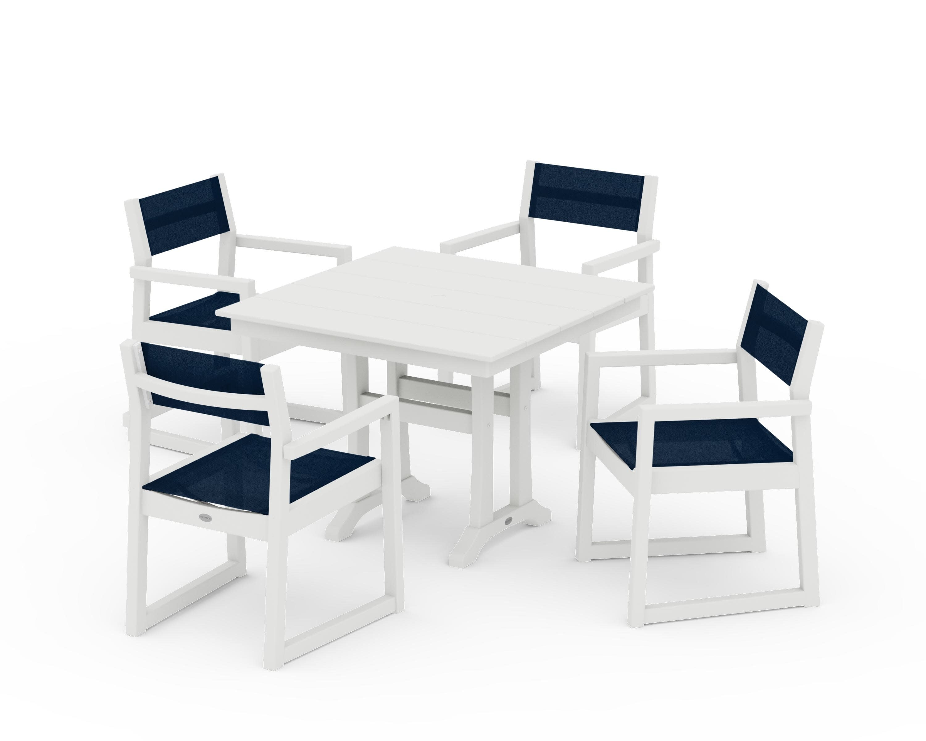 EDGE Sling 5-Piece Farmhouse Dining Set with Trestle Legs in Vintage White / Navy Blue Sling