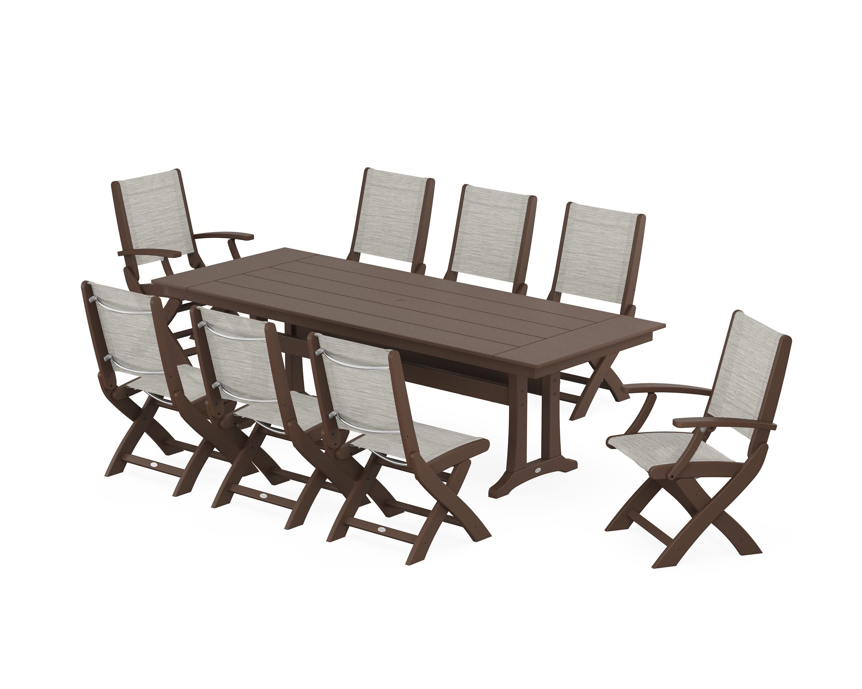 Coastal 9-Piece Folding Dining Chair Farmhouse Dining Set with Trestle Legs in Mahogany / Birch Sling
