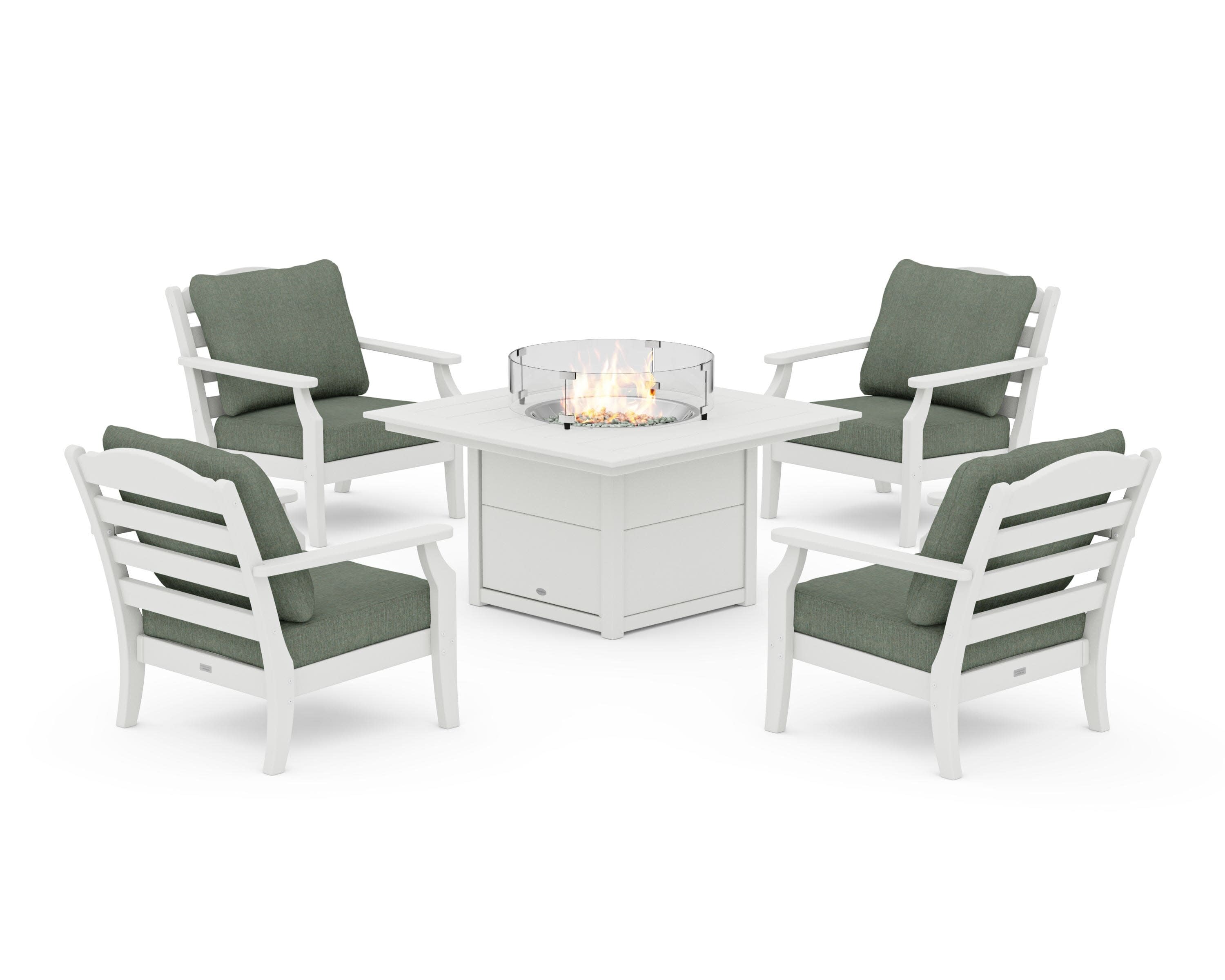Savannah 5-Piece Deep Seating Set with Fire Pit Table in Vintage White / Cast Sage