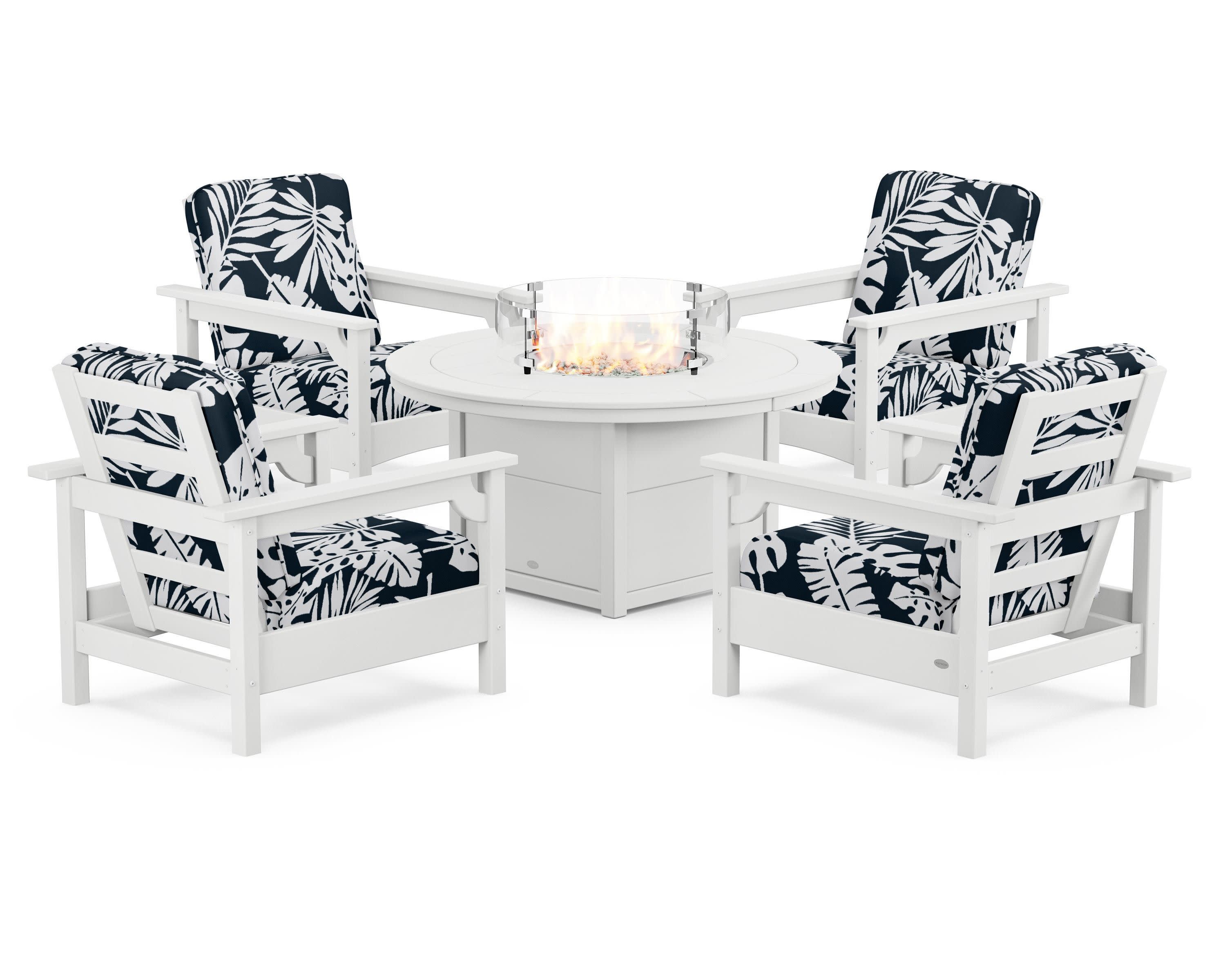 Club 5-Piece Conversation Set with Fire Pit Table in White / Leaf Marine Indigo