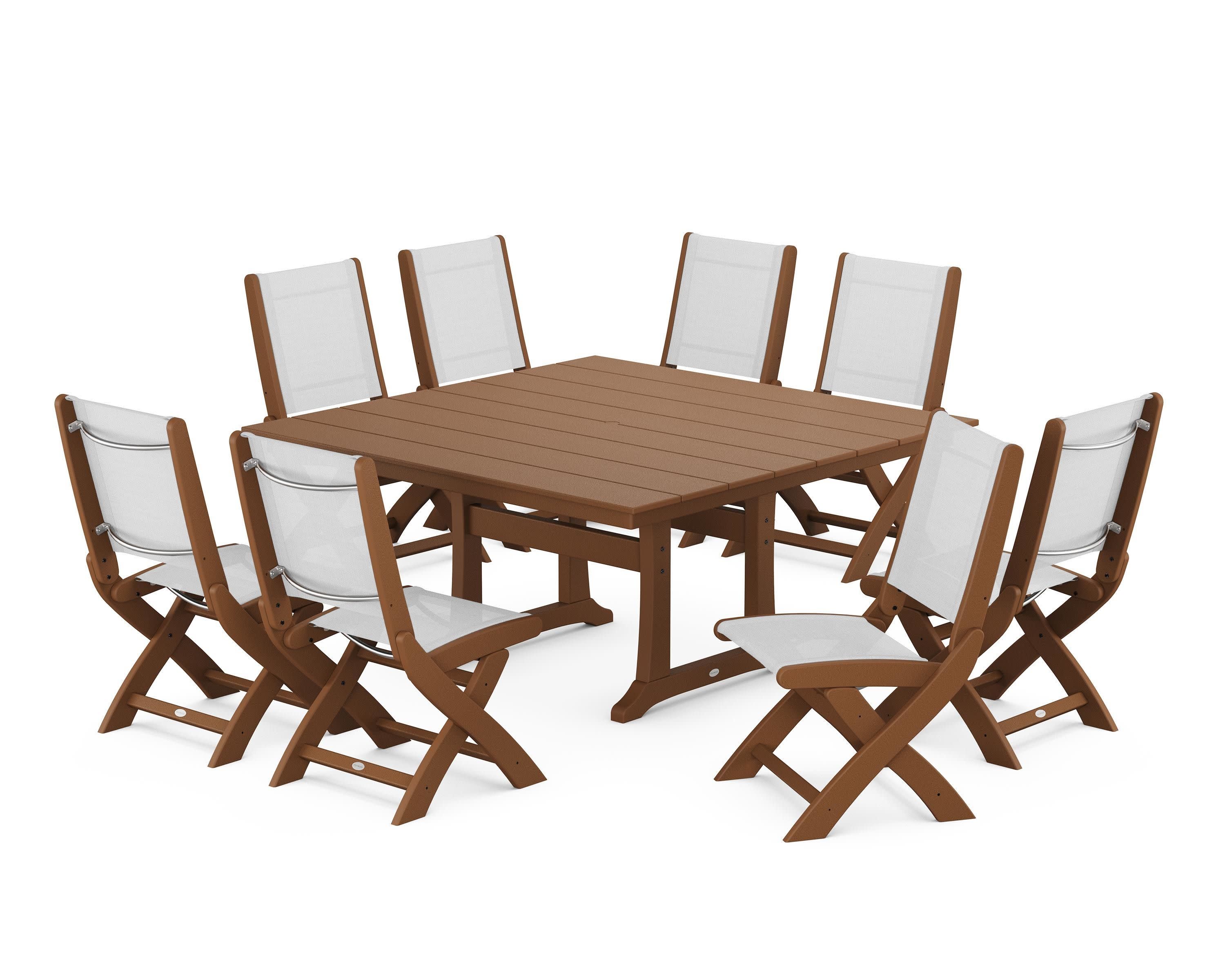 Coastal Folding Side Chair 9-Piece Farmhouse Dining Set in Teak / White Sling