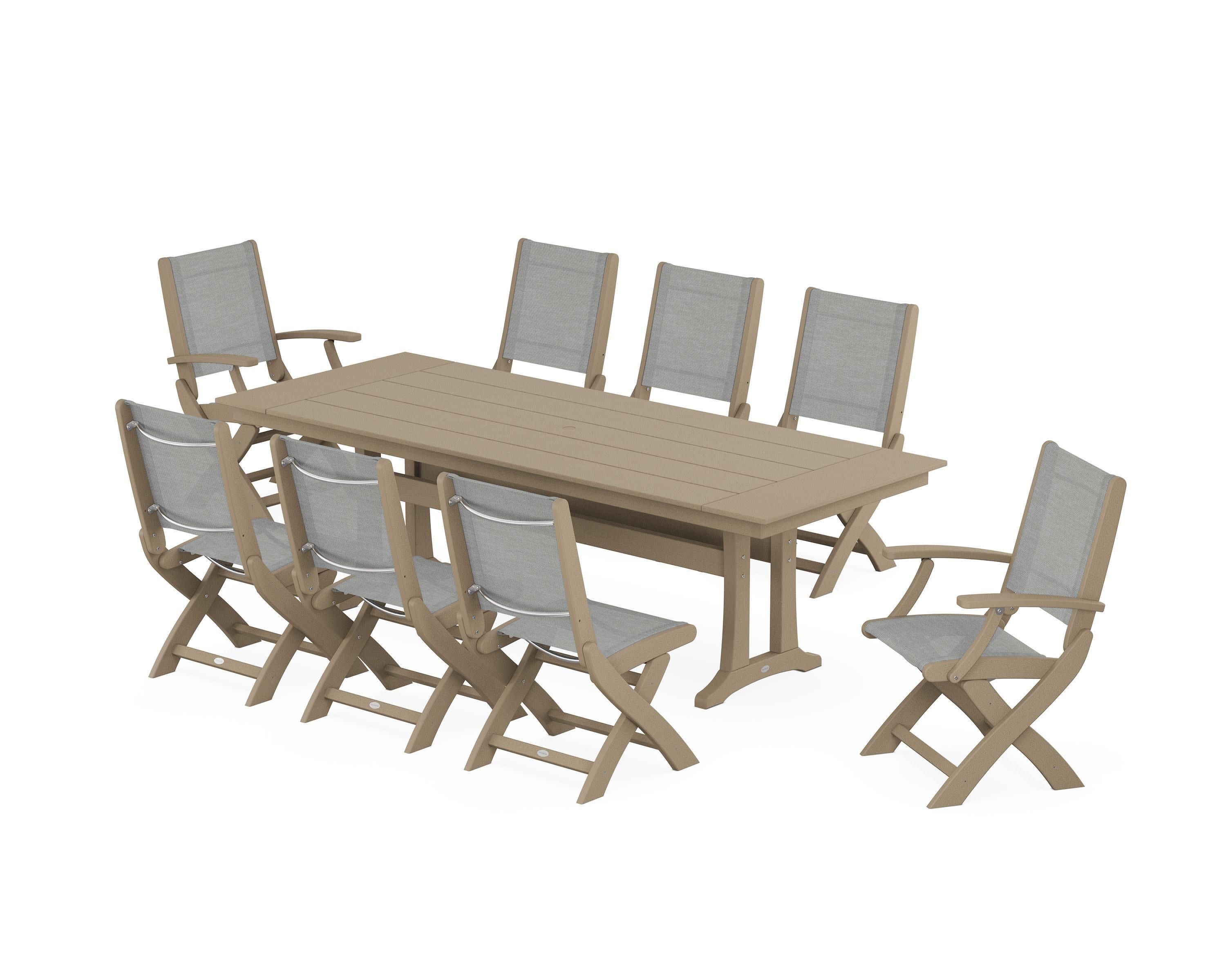 Coastal 9-Piece Folding Dining Chair Farmhouse Dining Set with Trestle Legs in Vintage Sahara / Metallic Sling