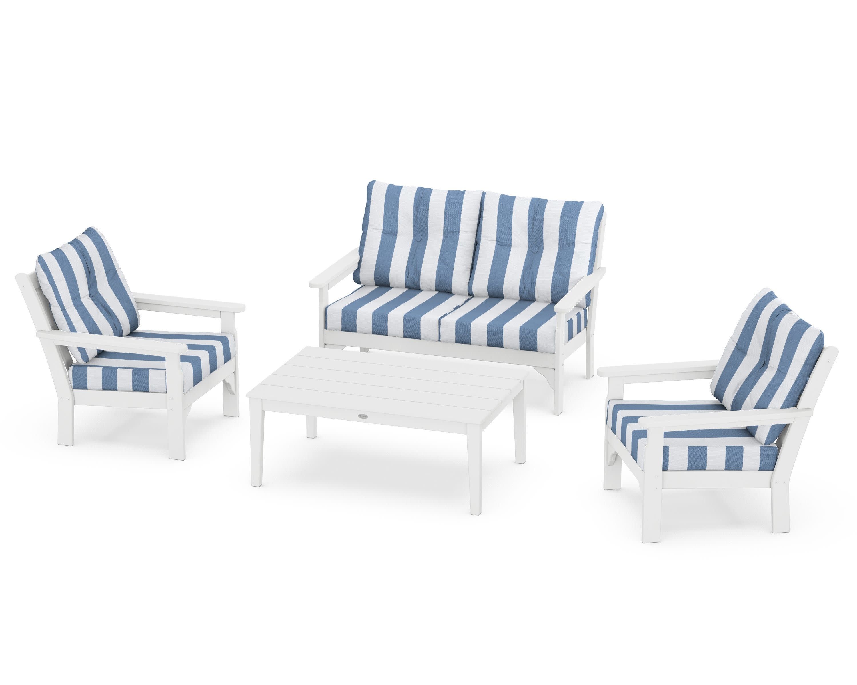Vineyard 4-Piece Deep Seating Set in White / Cabana Stripe Sky Blue