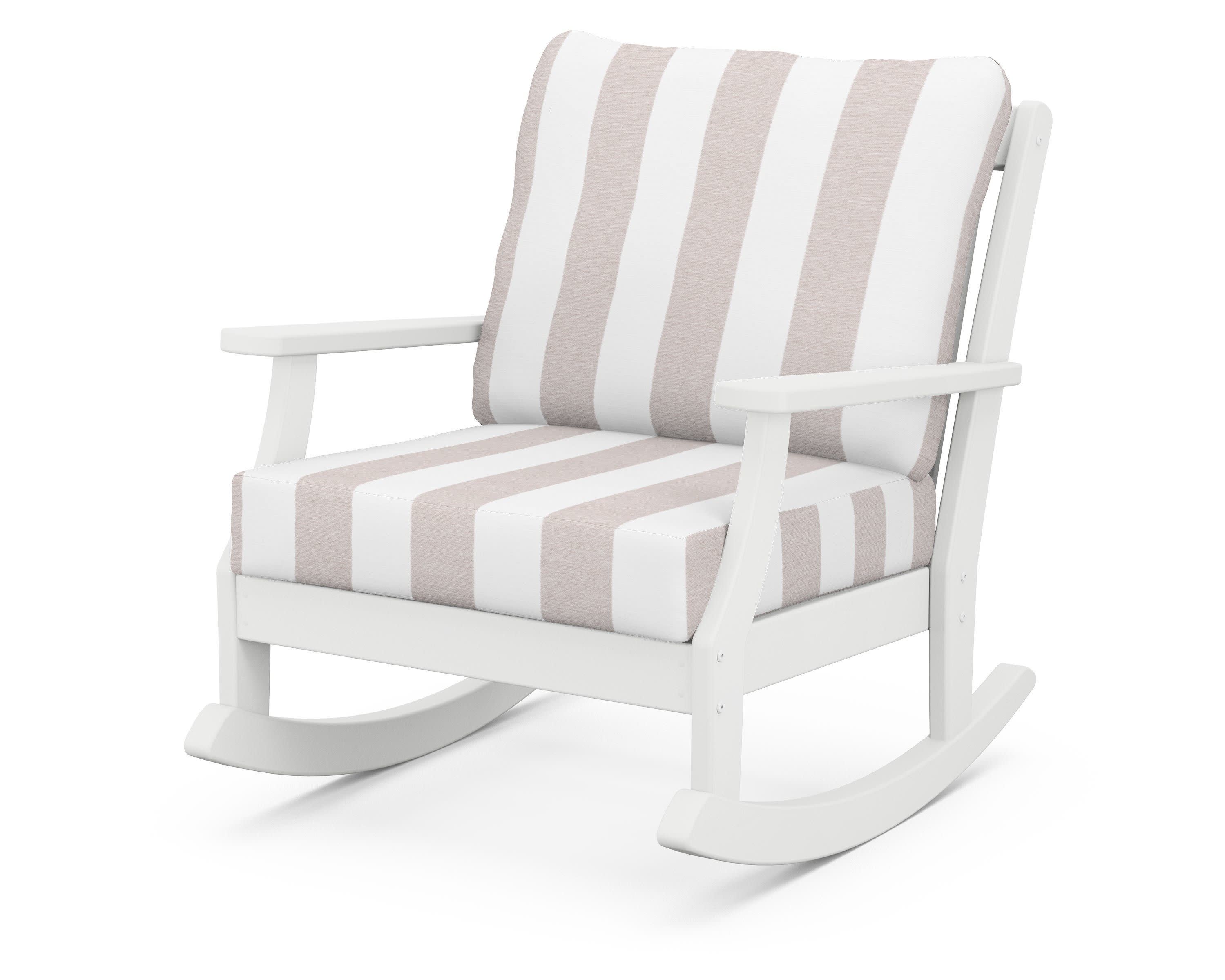 Braxton Deep Seating Rocking Chair in White / Cabana Stripe Dune Burlap