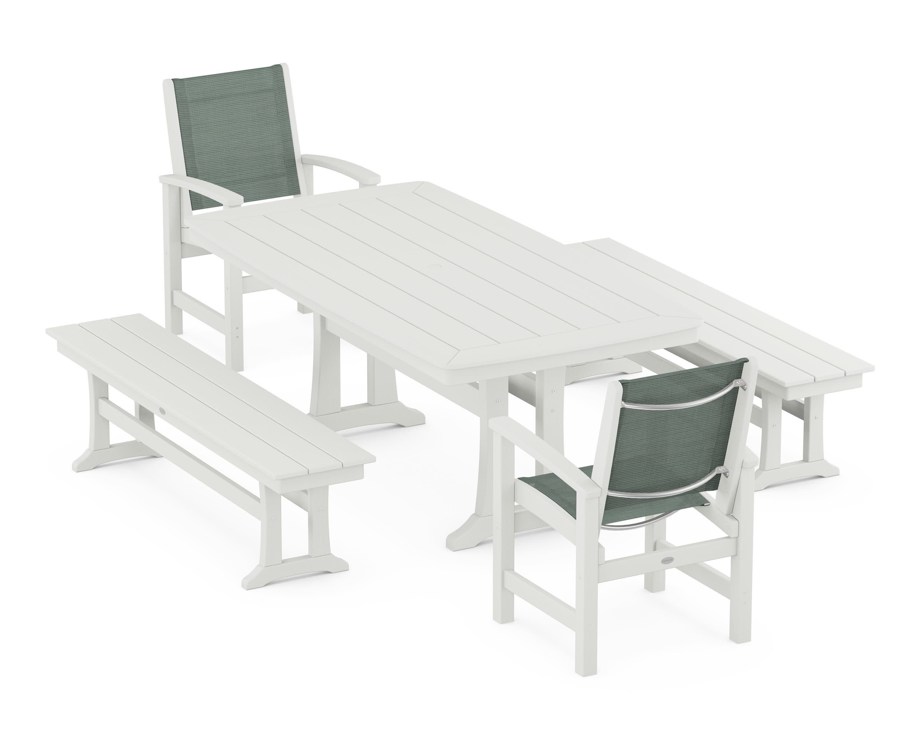 Coastal 5-Piece Dining Set with Trestle Legs and Benches in Vintage White / Dupioni Sea Mist Sling