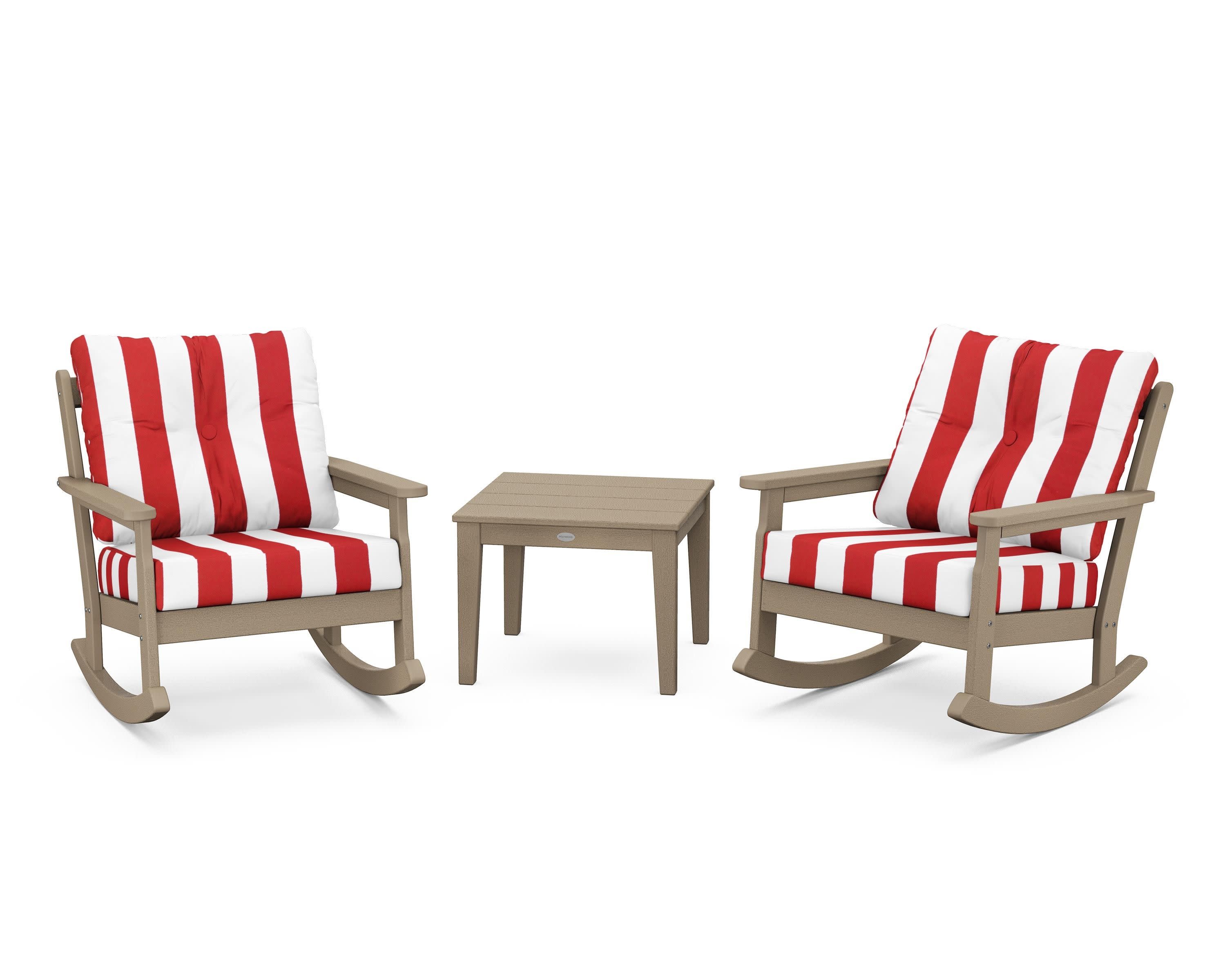 Vineyard 3-Piece Deep Seating Rocker Set in Vintage Sahara / Cabana Stripe Crimson