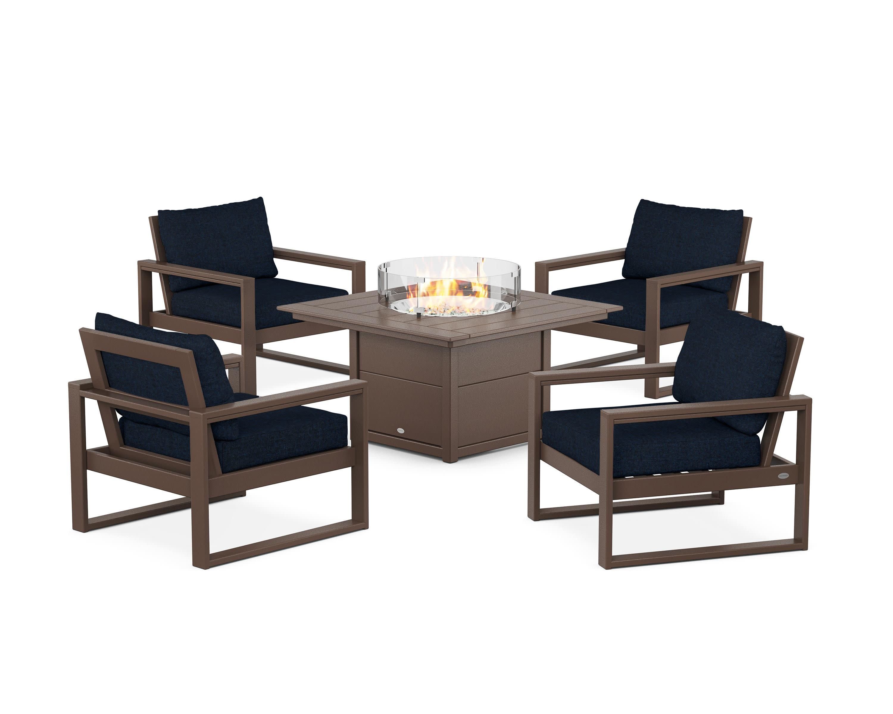 EDGE Sectional 5-Piece Deep Seating Set with Fire Pit Table in Mahogany / Marine Indigo