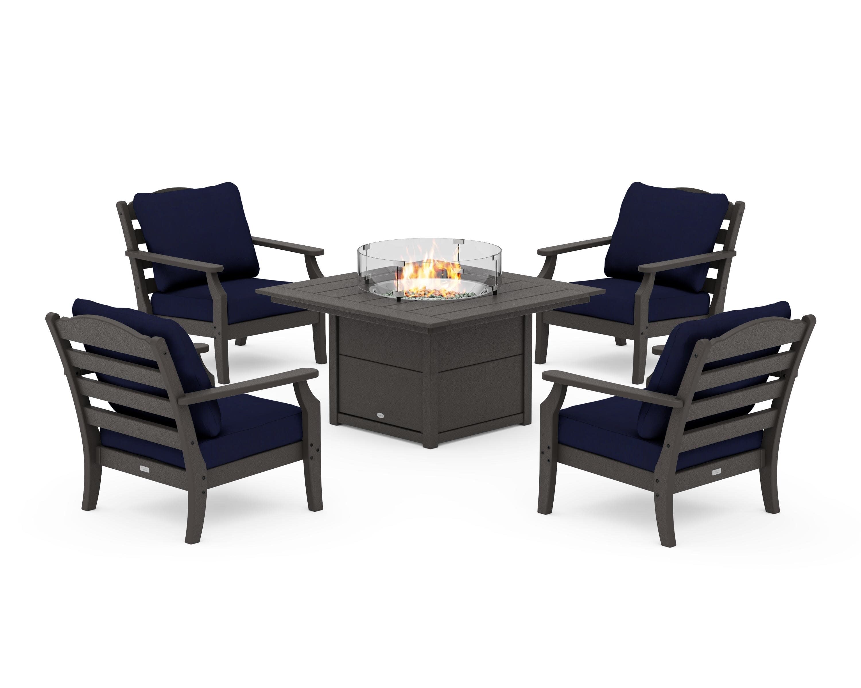 Savannah 5-Piece Deep Seating Set with Fire Pit Table in Vintage Coffee / Navy