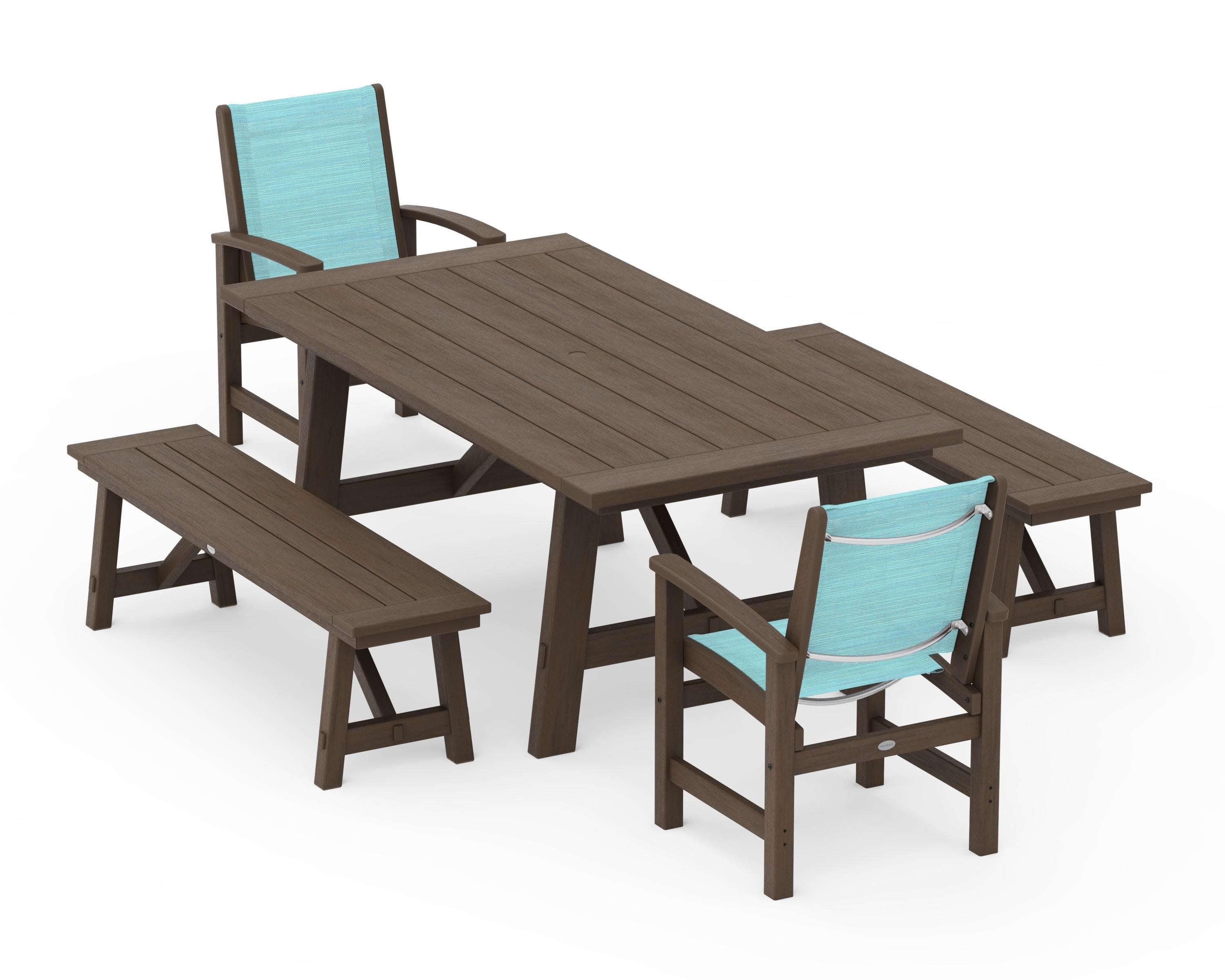 Coastal 5-Piece Rustic Farmhouse Dining Set With Benches in Kona / Dupioni Aquamarine Sling