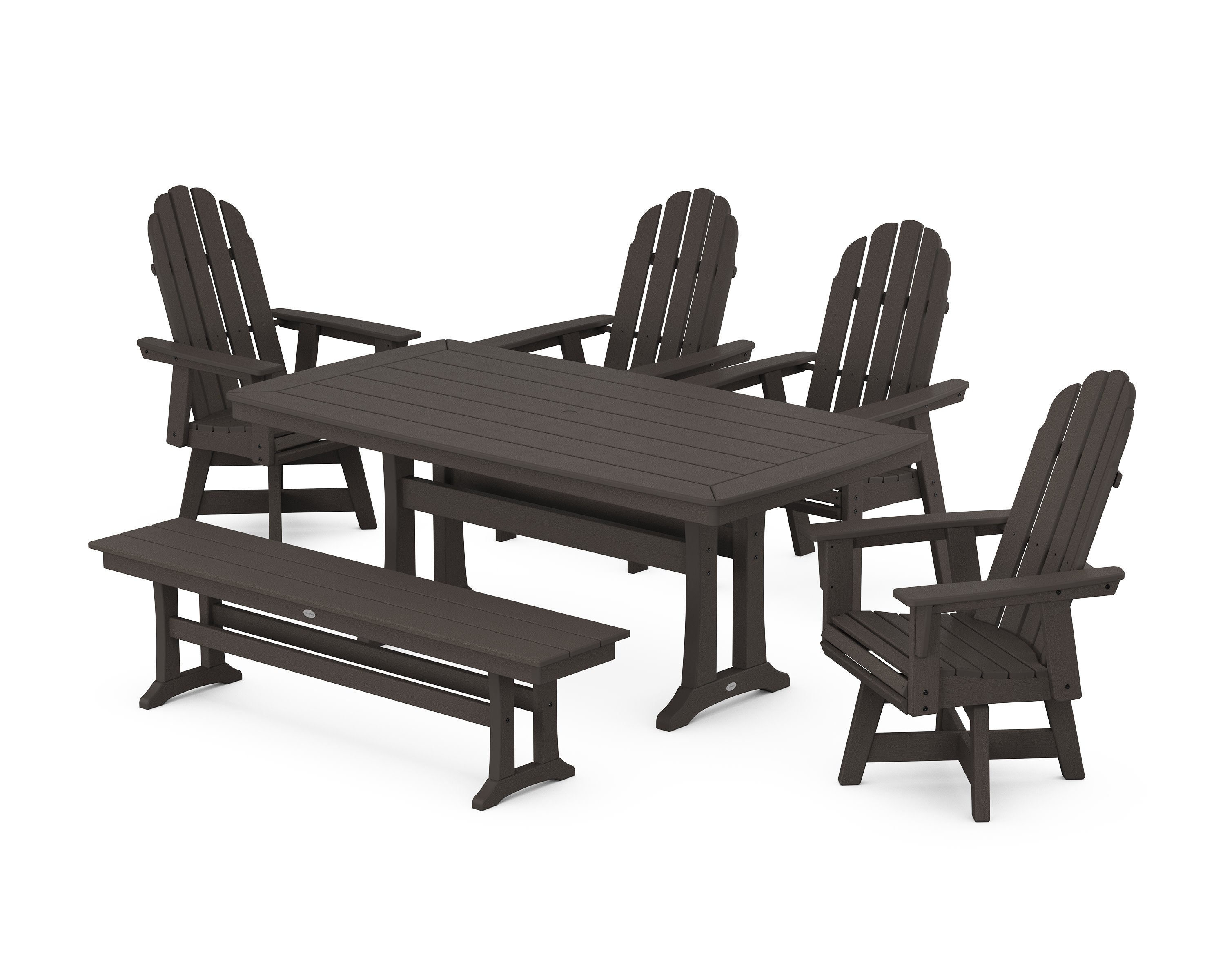 Vineyard Curveback Adirondack Swivel Chair 6-Piece Dining Set with Trestle Legs and Bench in Vintage Coffee