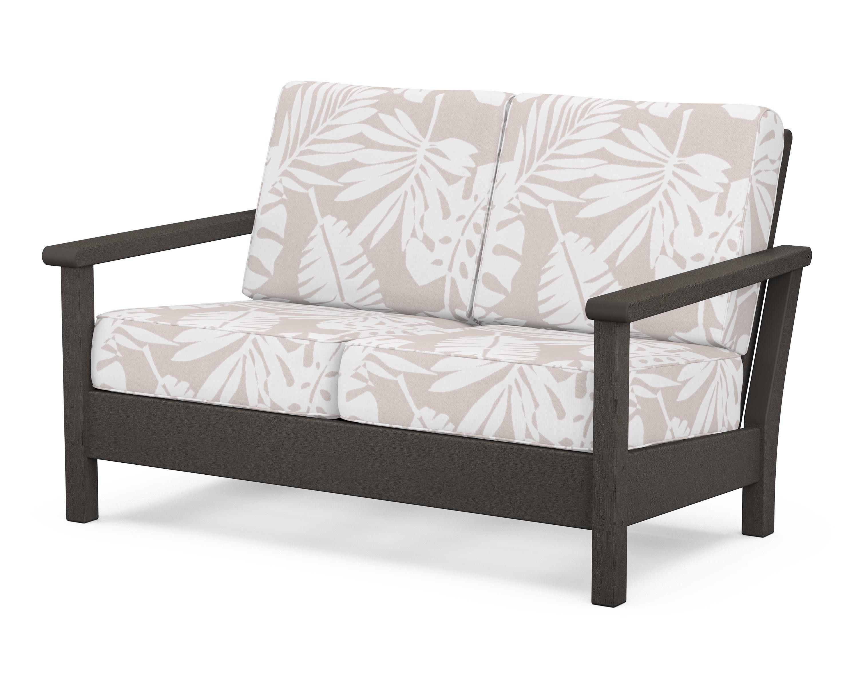 Harbour Deep Seating Loveseat in Vintage Coffee / Leaf Dune Burlap