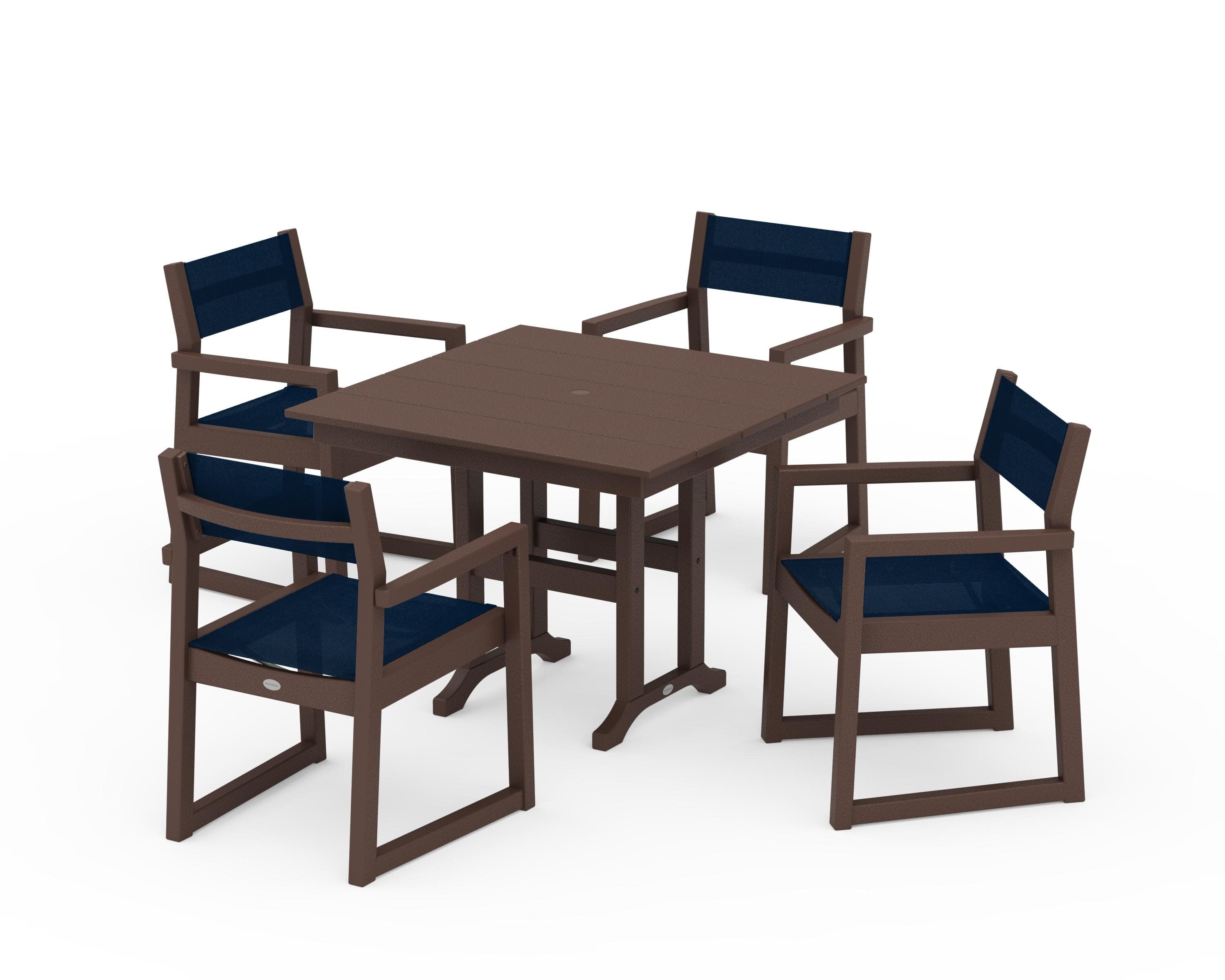 EDGE Sling Arm Chair 5-Piece Farmhouse Dining Set in Mahogany / Navy Blue Sling
