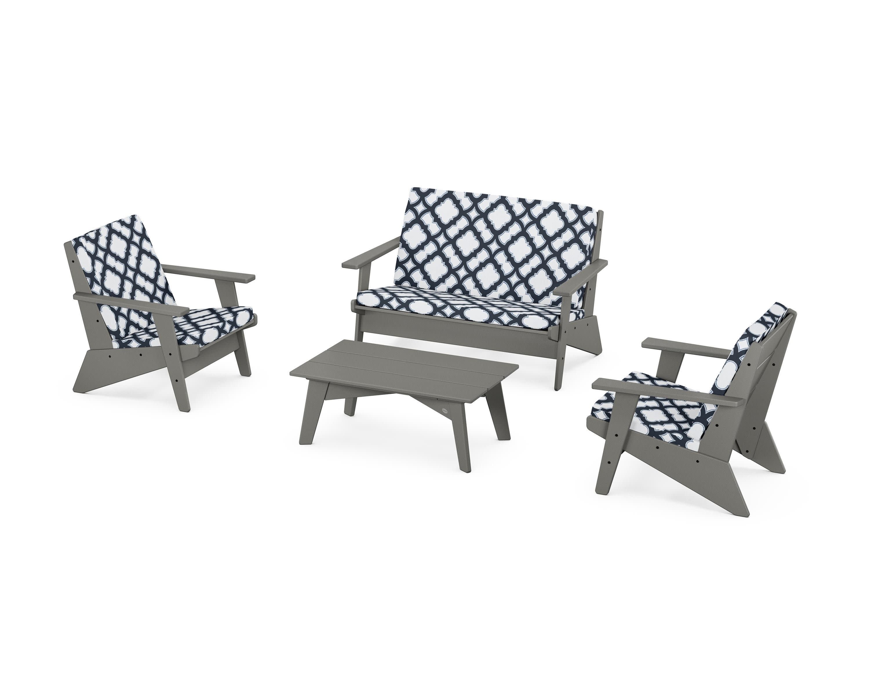Riviera Modern Lounge 4-Piece Set in Slate Grey / Trellis Marine Indigo