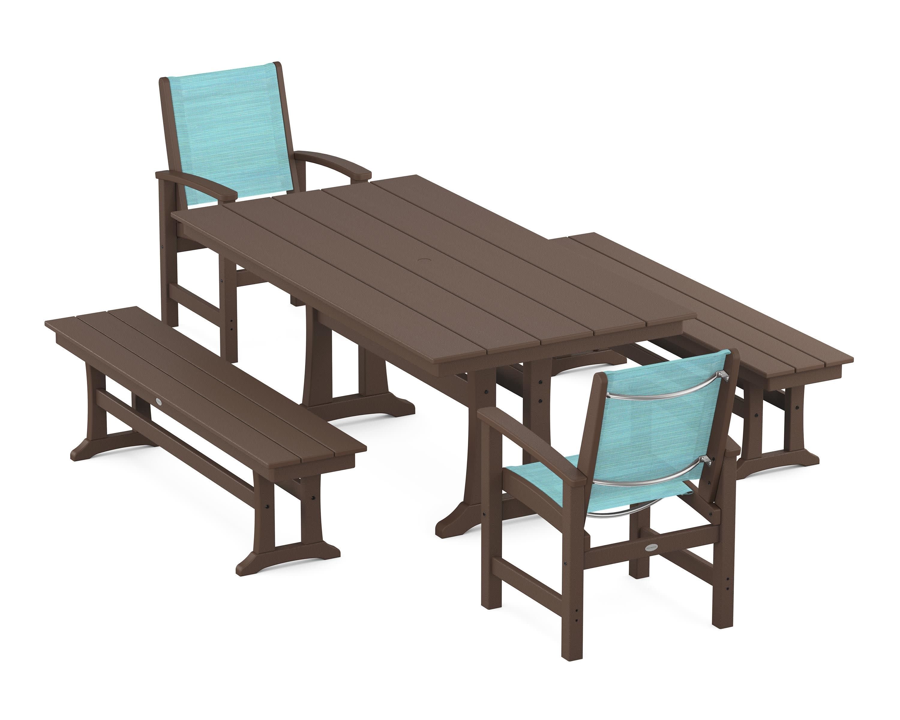 Coastal 5-Piece Farmhouse Dining Set with Trestle Legs and Benches in Mahogany / Dupioni Aquamarine Sling
