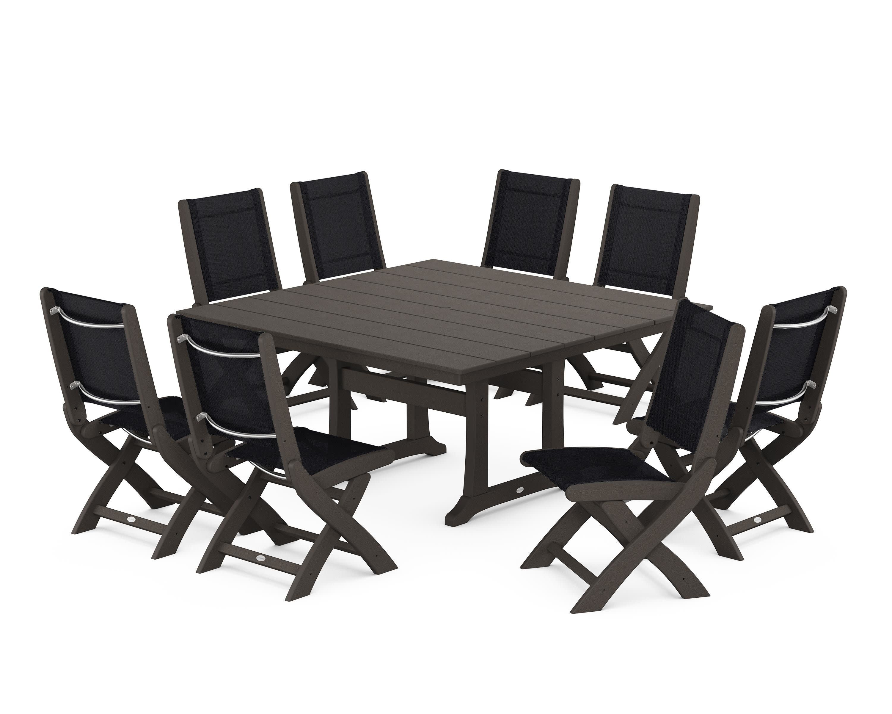Coastal Folding Side Chair 9-Piece Farmhouse Dining Set in Vintage Coffee / Black Sling